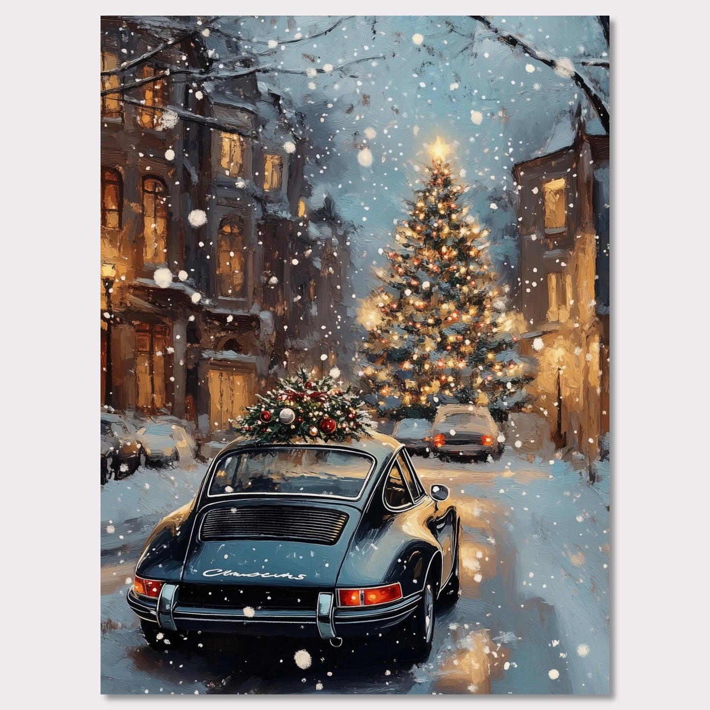 This enchanting poster portrays a snowy Swiss street with a beautifully adorned vintage car carrying a Christmas tree. The softly glowing lights and festive decorations create an atmosphere of joyous holiday anticipation. The combination of timeless cars and seasonal spirit brings a unique charm to this holiday scene.