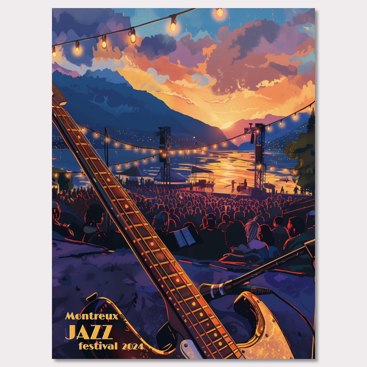 This vibrant poster captures the essence of the Montreux Jazz Festival 2024. Set against a breathtaking sunset over a serene lake, the scene is filled with an audience eagerly awaiting the performance. An electric guitar in the foreground hints at the musical magic to come, while string lights add a festive ambiance.