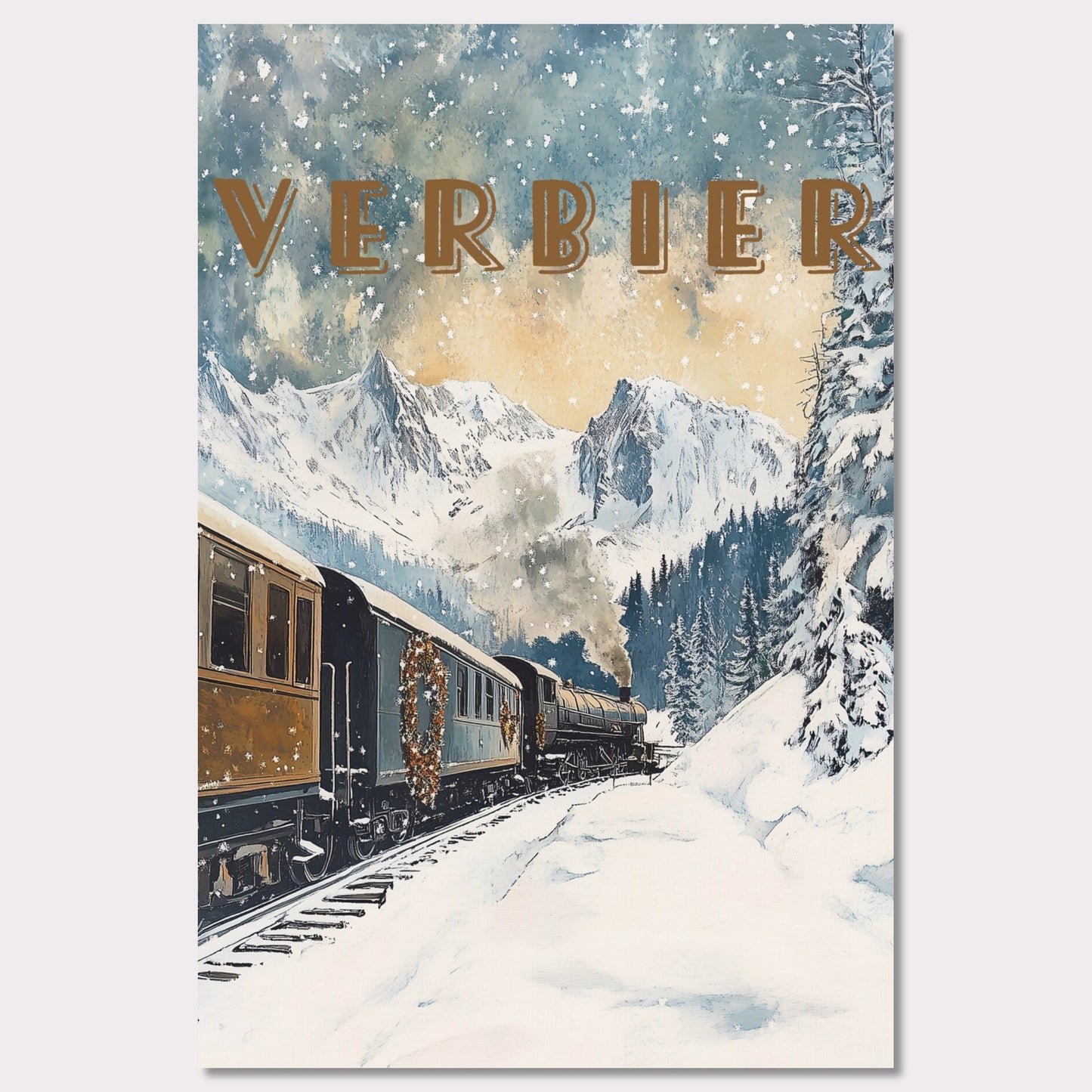 This enchanting winter poster showcases a vintage steam train winding through the snow-covered landscapes of Verbier. The train, adorned with festive wreaths, travels against a backdrop of majestic alpine peaks, tall evergreen trees, and a serene winter sky with softly falling snowflakes. The golden light filtering through the clouds adds a warm, nostalgic glow to the scene, evoking the magic of winter travel.