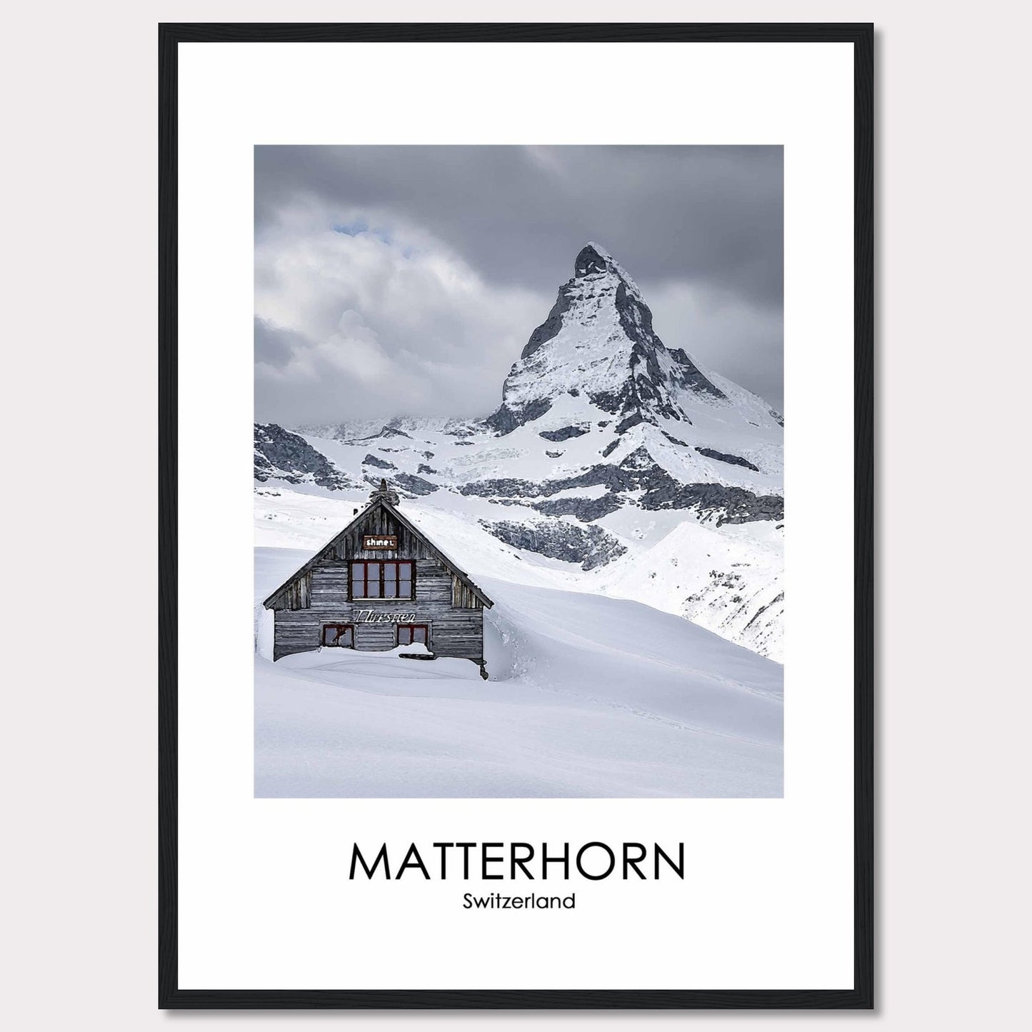 This stunning photograph captures the iconic Matterhorn in Switzerland, with a charming wooden cabin nestled in the snow-covered landscape. The majestic peak rises dramatically against a cloudy sky, creating a breathtaking scene of natural beauty.