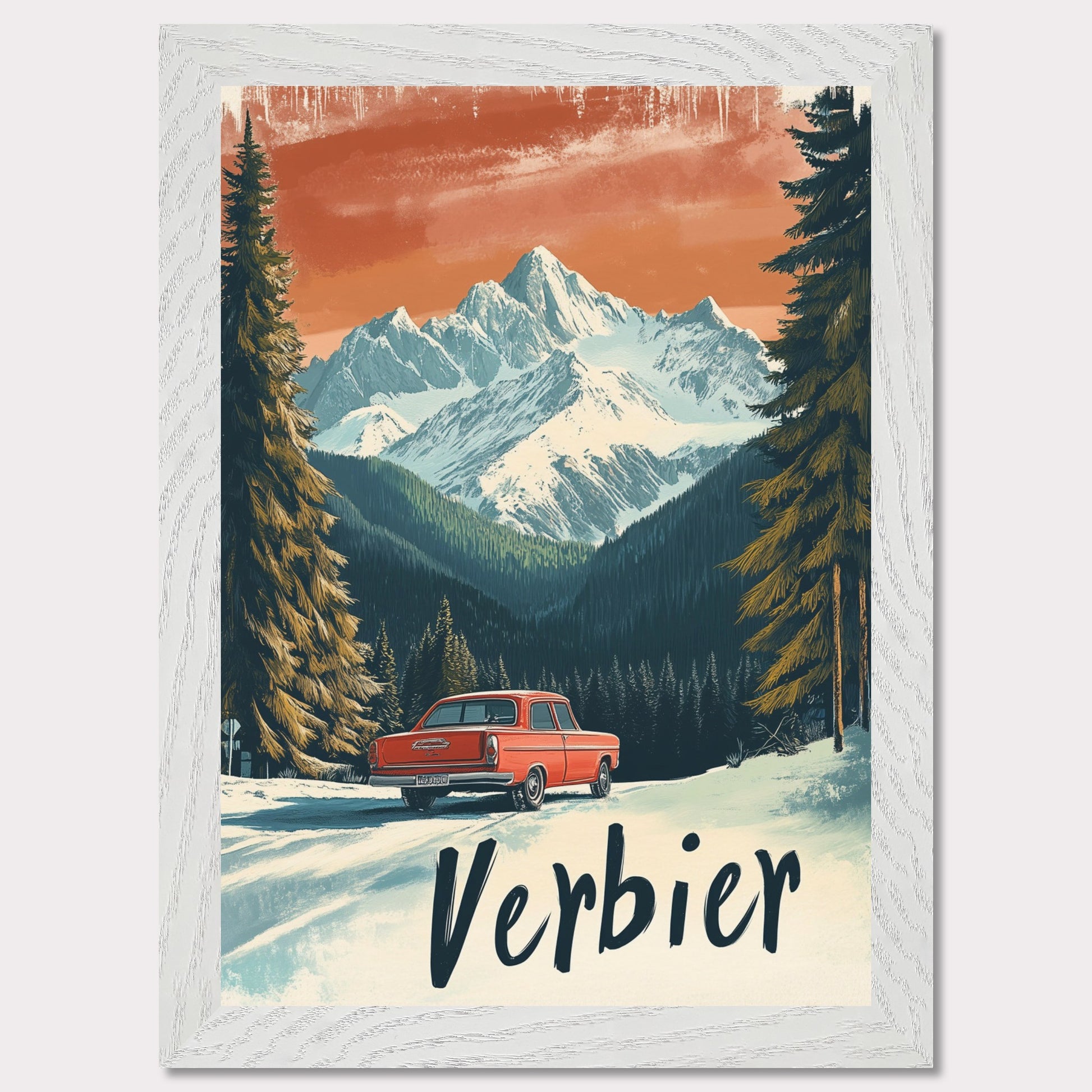 This striking retro-style poster depicts a vintage car driving through a snowy mountain landscape in Verbier. The red car stands out against the backdrop of majestic, snow-covered peaks and towering trees, with the warm orange hues of the sky adding to the nostalgic vibe. The vintage typography and artistic style evoke the allure of road trips through the Swiss Alps, offering a sense of freedom and adventure in a winter wonderland.