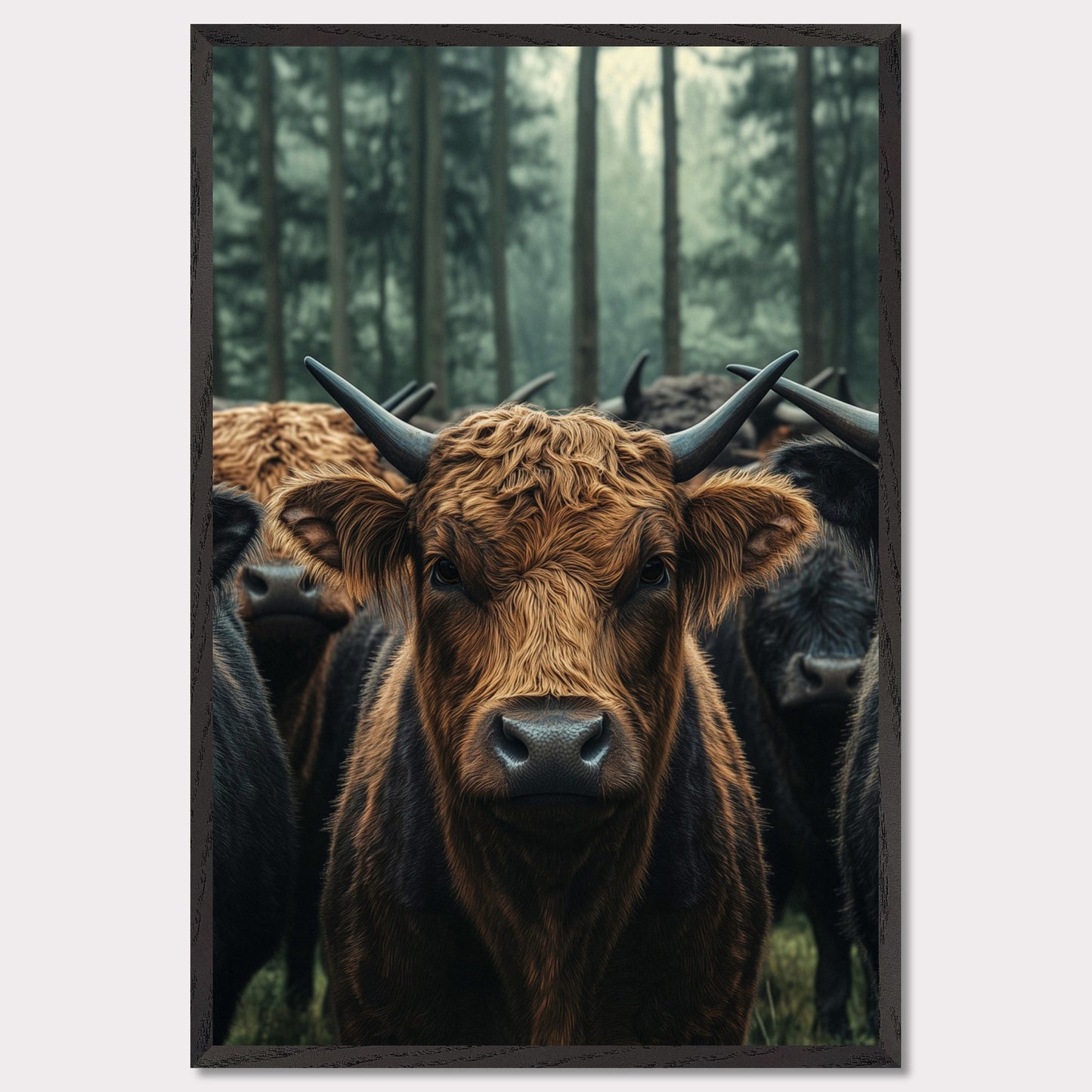 This captivating image features a herd of Highland cattle standing in a misty forest. The central focus is on a brown Highland cow, with its distinctive long horns and shaggy coat, staring directly at the viewer. The background showcases tall trees enveloped in fog, adding a mystical ambiance to the scene.