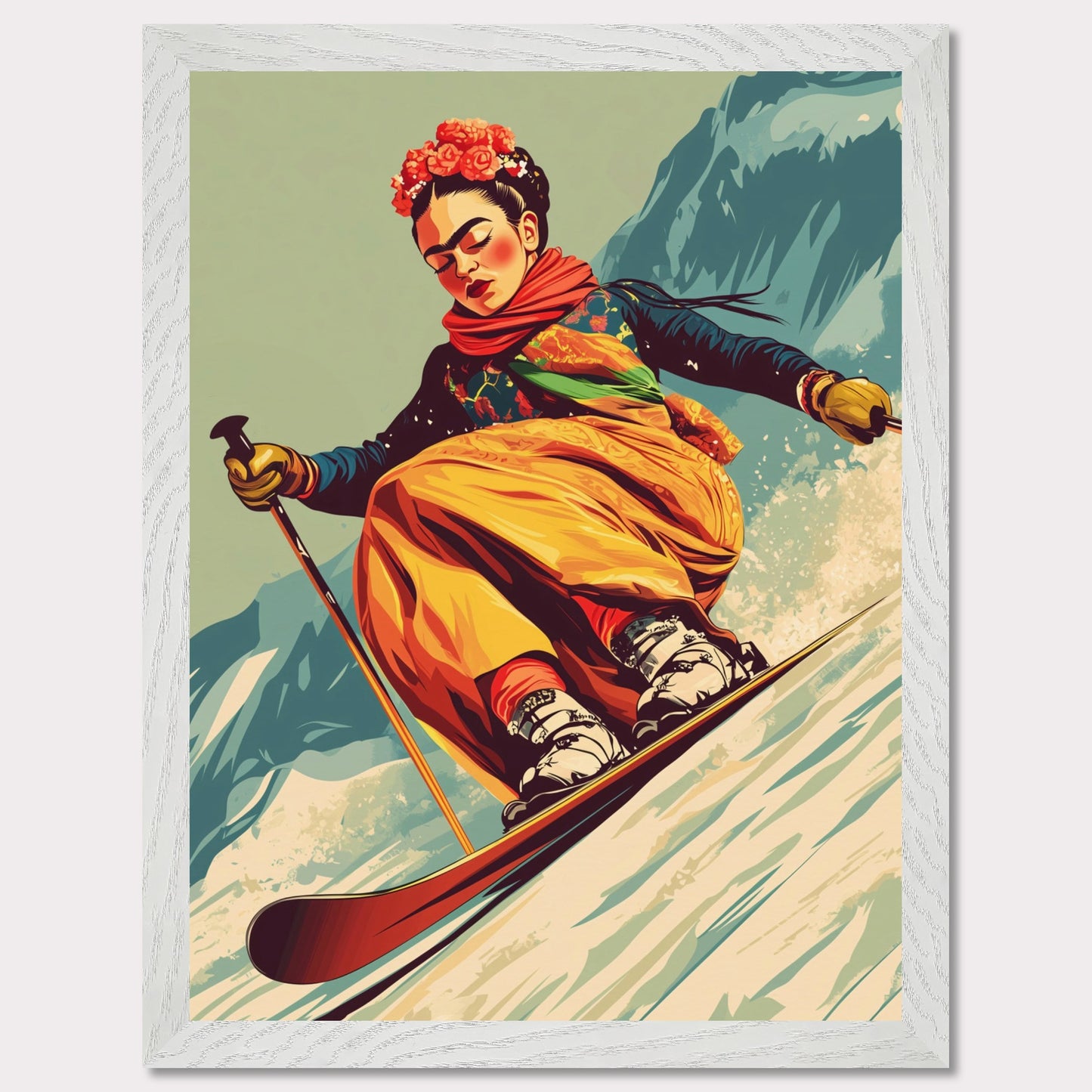 This captivating and artistic poster features Frida Kahlo skiing down a snow-covered slope, embracing both the thrill of winter sports and the vibrancy of her unique style. With a floral crown and colorful attire, Frida brings her creativity and strength to the slopes of the mountains, capturing the harmony between winter adventure and artistic expression. The retro color scheme adds to the vintage charm of the poster, making it a lively and powerful statement piece.