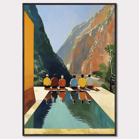 Six individuals sit by a serene pool, facing a breathtaking view of towering mountains and a calm river. The vibrant colors of their clothing reflect beautifully in the water, adding to the tranquil atmosphere. Lush greenery frames the scene, enhancing the feeling of being one with nature.  Six individuals sitting by a pool Stunning mountain landscape Calm river flowing through the valley Vivid reflections in the pool Lush greenery surrounding the area