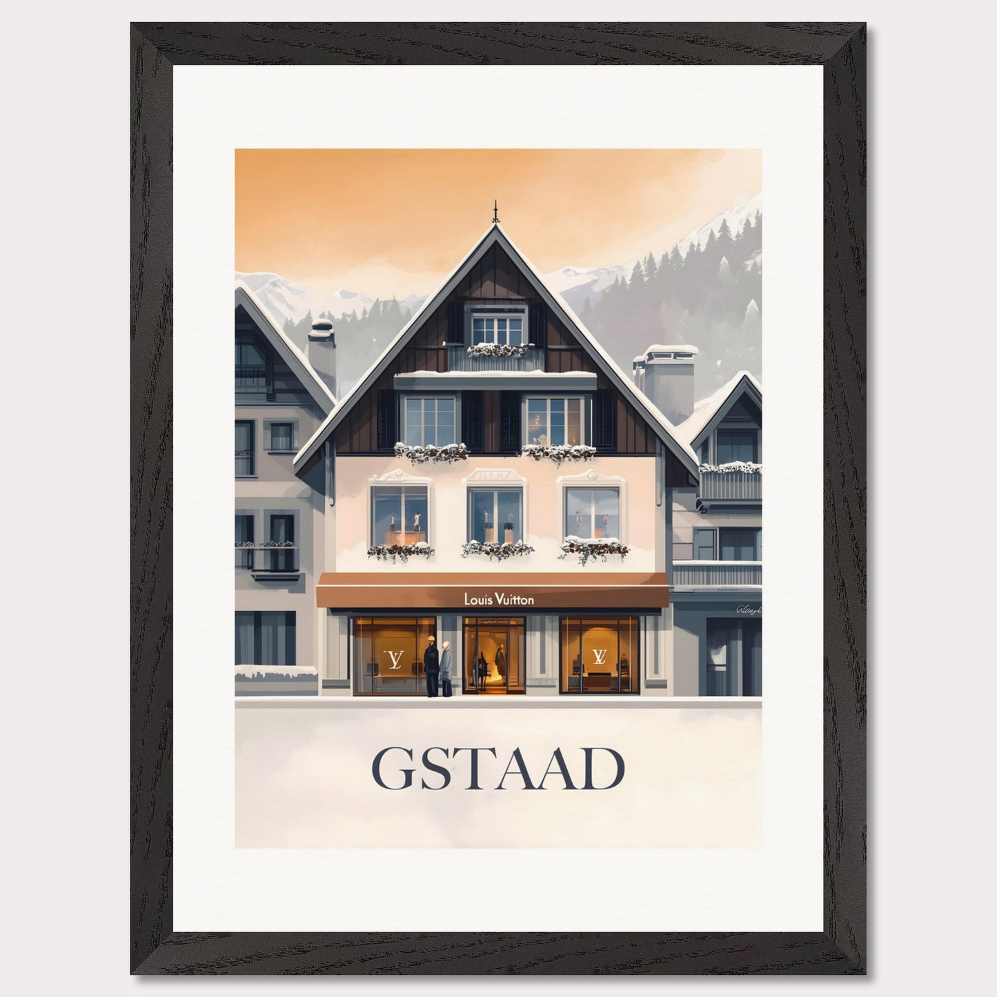 A chic and stylish poster showcasing a luxury boutique in Gstaad, framed by elegant alpine architecture. The blend of modern sophistication and traditional Swiss charm creates a timeless appeal.