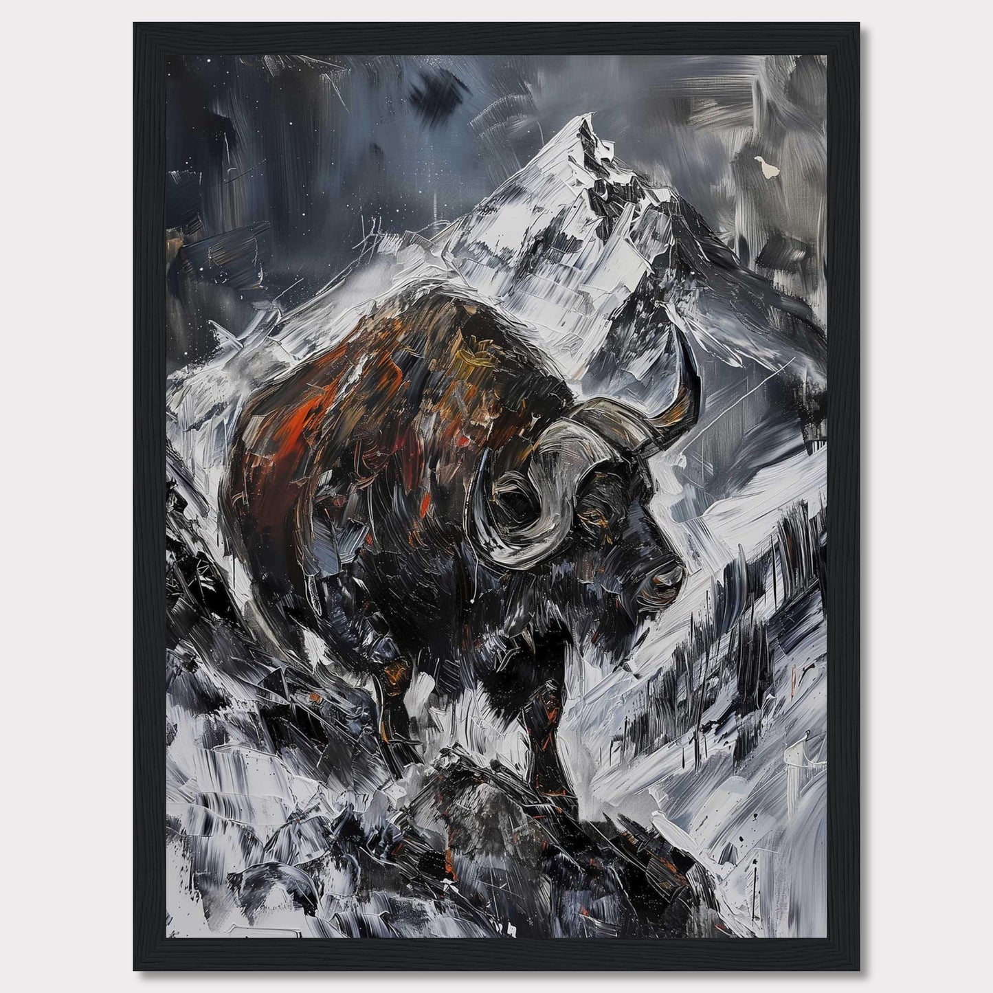 This striking painting captures the raw power of a buffalo against a dramatic mountainous backdrop. The bold brushstrokes and intense colors create a sense of movement and energy.