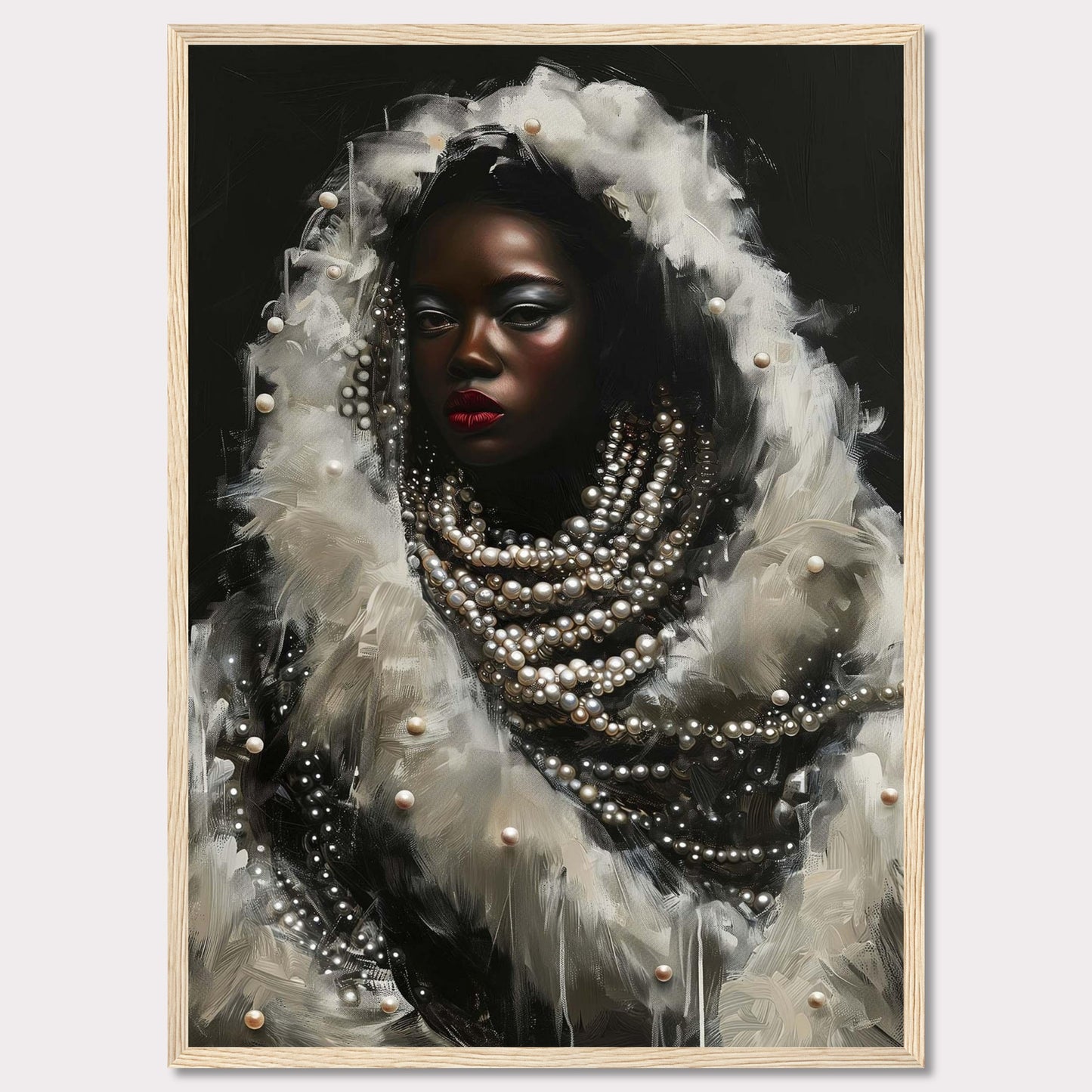 This captivating artwork features a striking portrait of a woman adorned with layers of pearls and white feathers. The dark background accentuates her luminous skin and bold red lips, creating a dramatic contrast. The intricate details of the pearls and feathers add a sense of luxury and elegance to the piece.