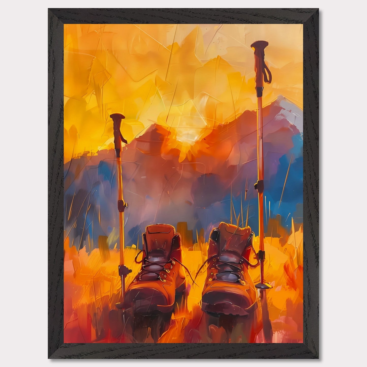 This illustration depicts a pair of hiking boots and trekking poles set against a vibrant, abstract background of mountains and a sunset.