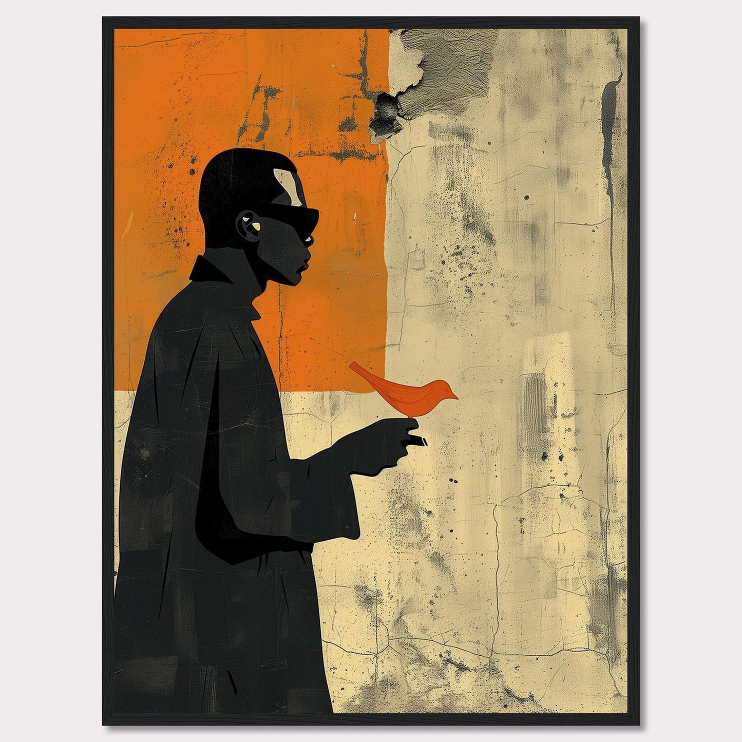 This striking artwork features a silhouette of a person holding a vibrant orange bird against a textured, abstract background. The contrast between the dark figure and the bright bird creates a powerful visual impact.