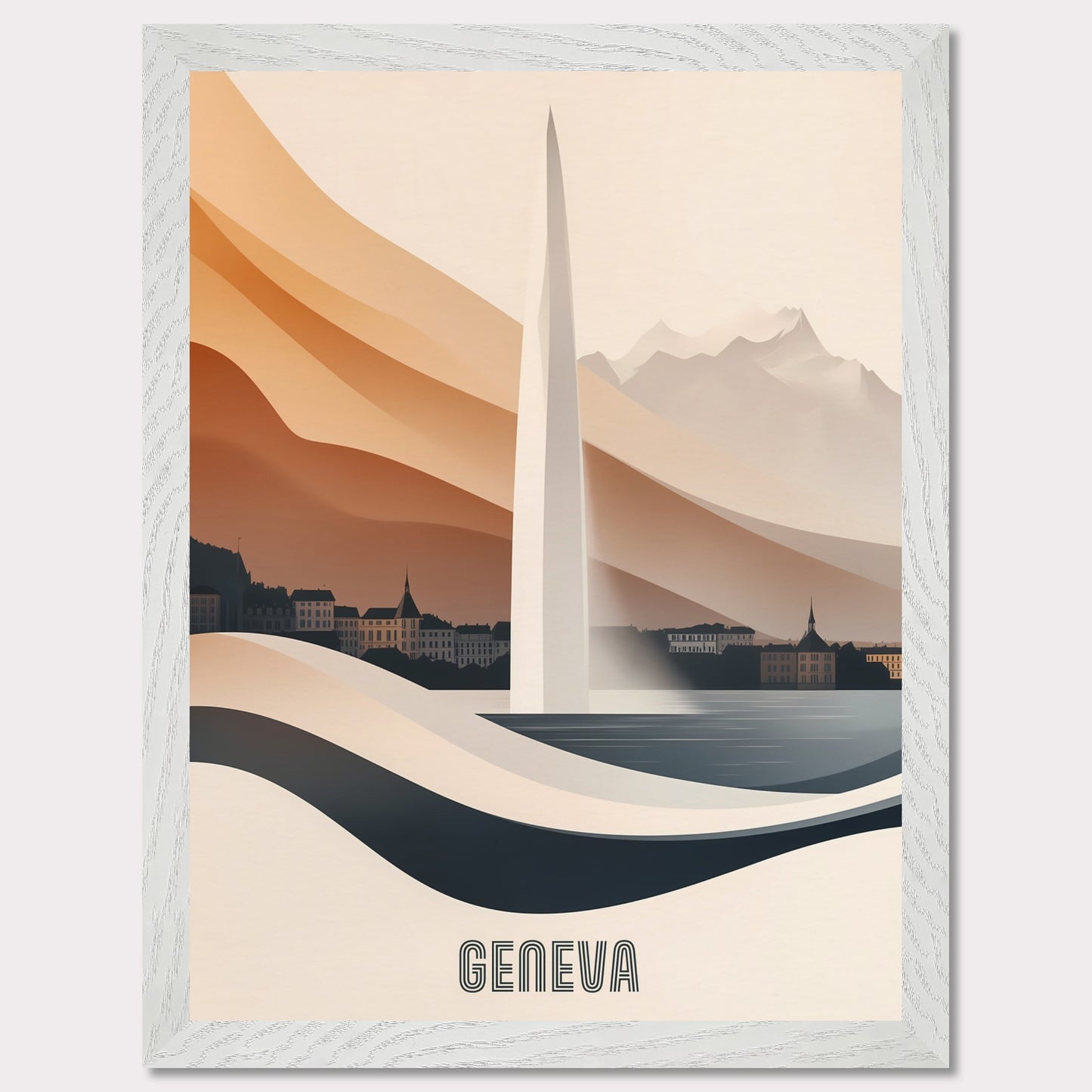 A modern and elegant poster of Geneva’s famous Jet d’Eau fountain, seamlessly blending into the landscape. Smooth curves and warm hues create a sense of fluidity and movement.