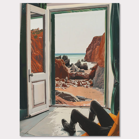 This image captures a serene view of a rocky beach through an open door. The scene is framed by the interior of a room where a person is seated, legs stretched out, possibly relaxing and enjoying the view.