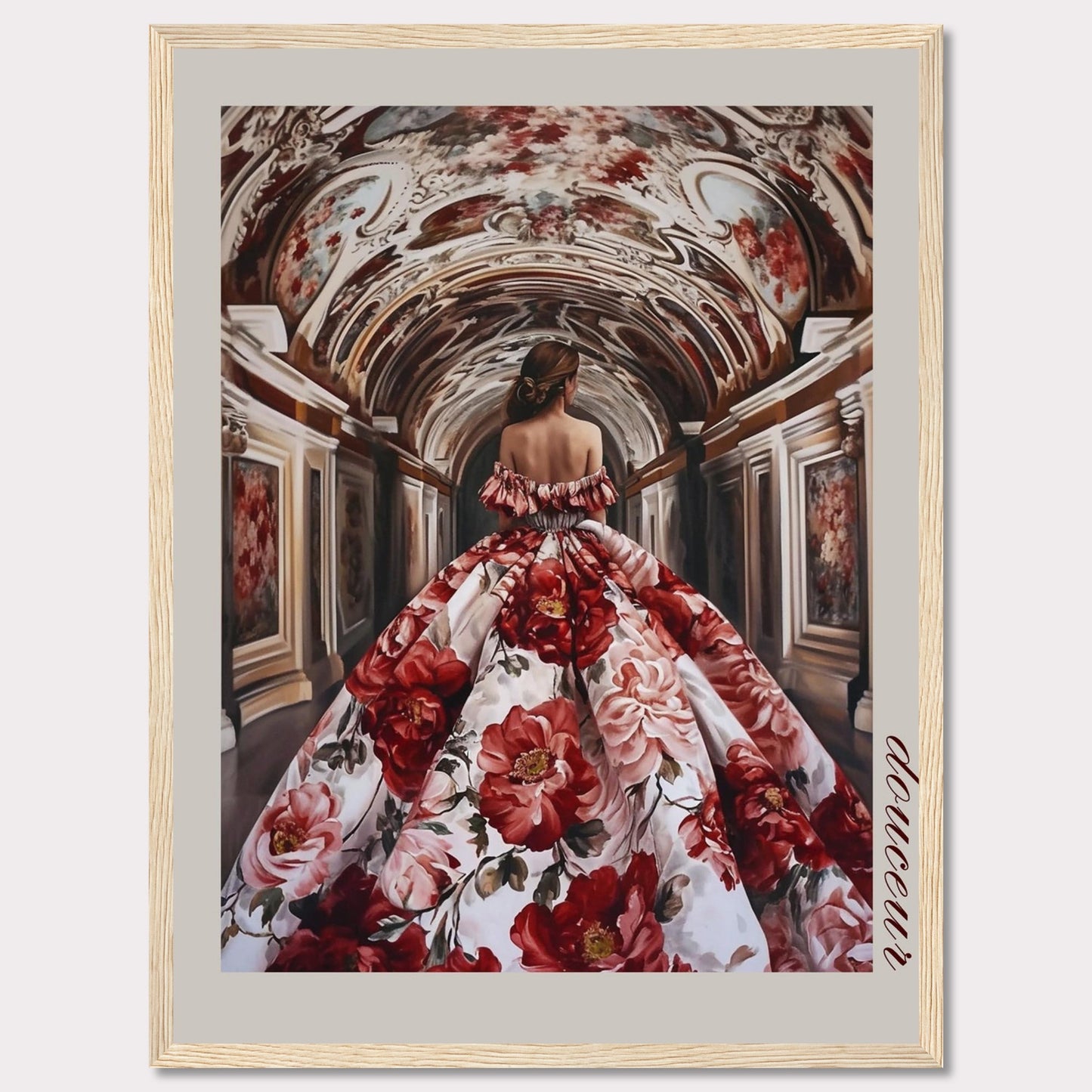 This stunning artwork features a woman in an opulent floral gown walking through an intricately decorated corridor. The scene exudes elegance and grandeur, capturing a moment of timeless beauty.