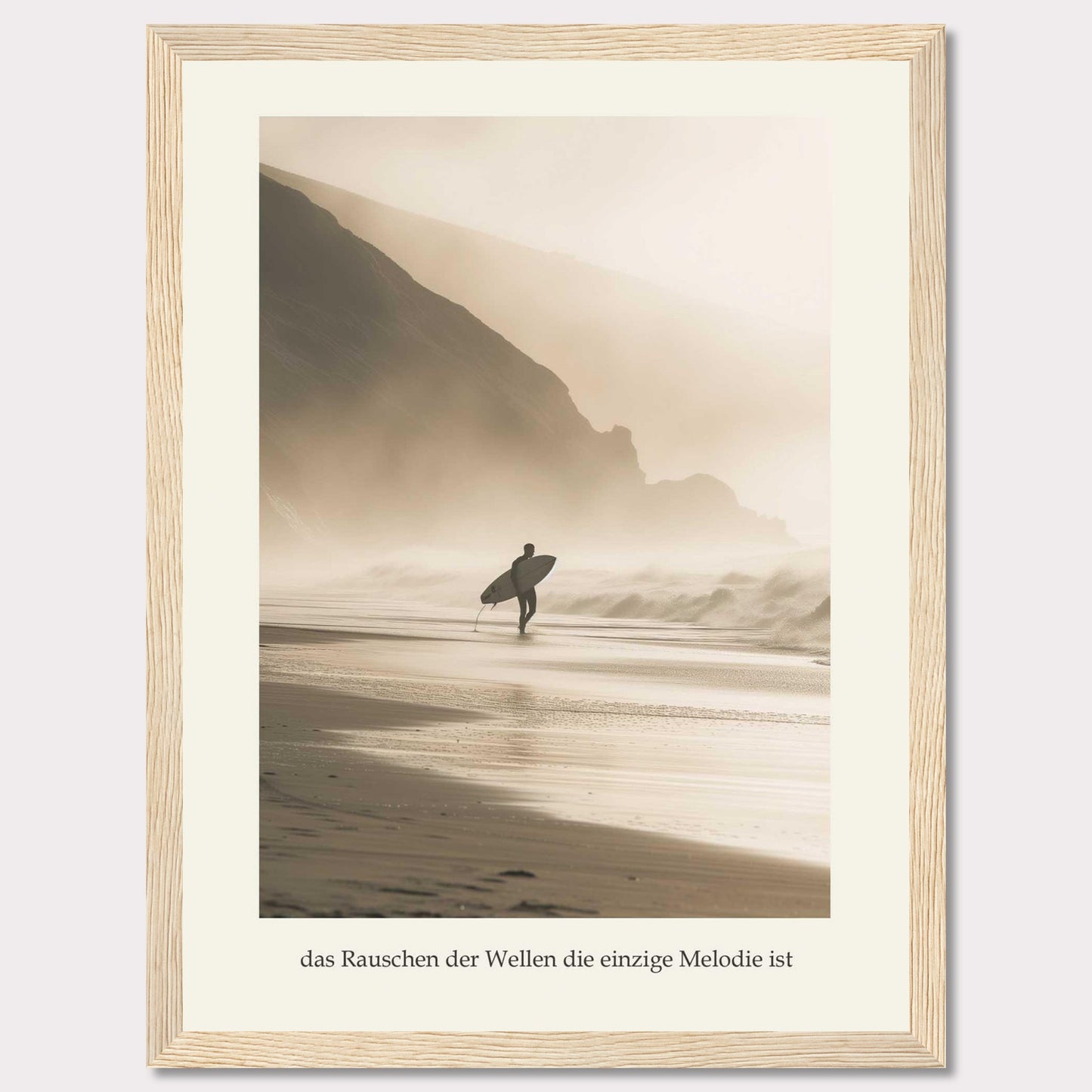 This captivating photograph captures a lone surfer walking along a misty beach, surfboard in hand, with towering cliffs in the background.