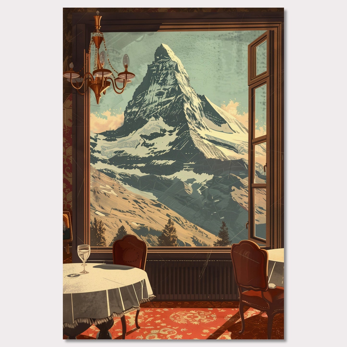 Witness the breathtaking view of a majestic snow-capped mountain through an elegantly framed window. This serene setting features a cozy dining area with classic furniture, a radiant chandelier, and a beautifully patterned carpet.