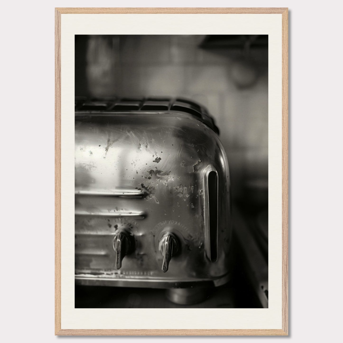 This illustration depicts a close-up view of a vintage toaster in black and white.