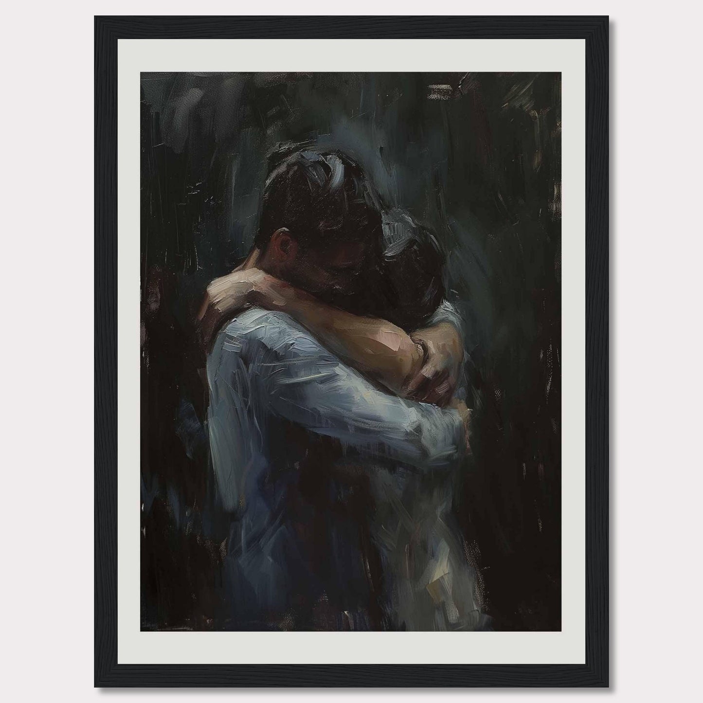 This evocative painting captures a tender embrace between two figures, conveying deep emotion and connection. The dark, muted tones enhance the intimacy of the moment, drawing the viewer into the scene.