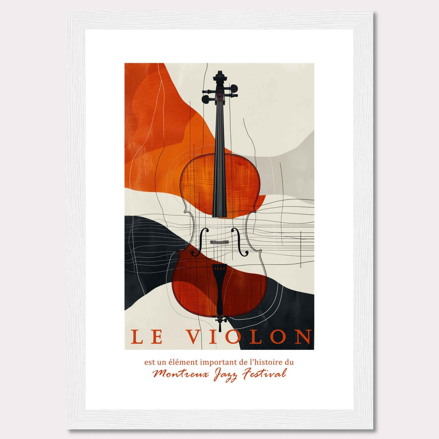 This image features a beautifully designed poster highlighting the importance of the violin in the history of the Montreux Jazz Festival. The central focus is a vibrant, artistic depiction of a violin set against an abstract background of orange, black, and beige shapes.