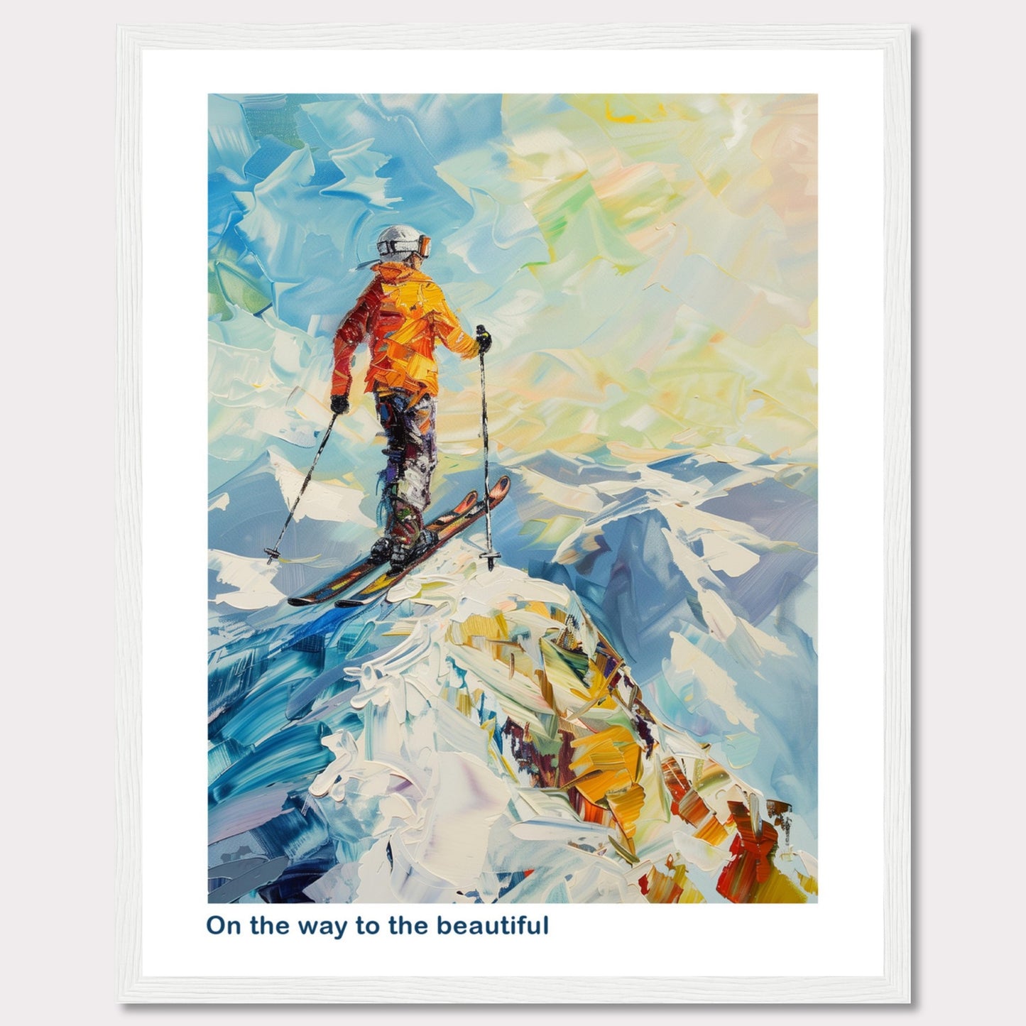 This vibrant painting captures a skier standing at the peak of a snowy mountain, ready to descend. The skier is dressed in an orange jacket and helmet, holding ski poles. The background features a stunning array of colors depicting the sky and distant mountains.