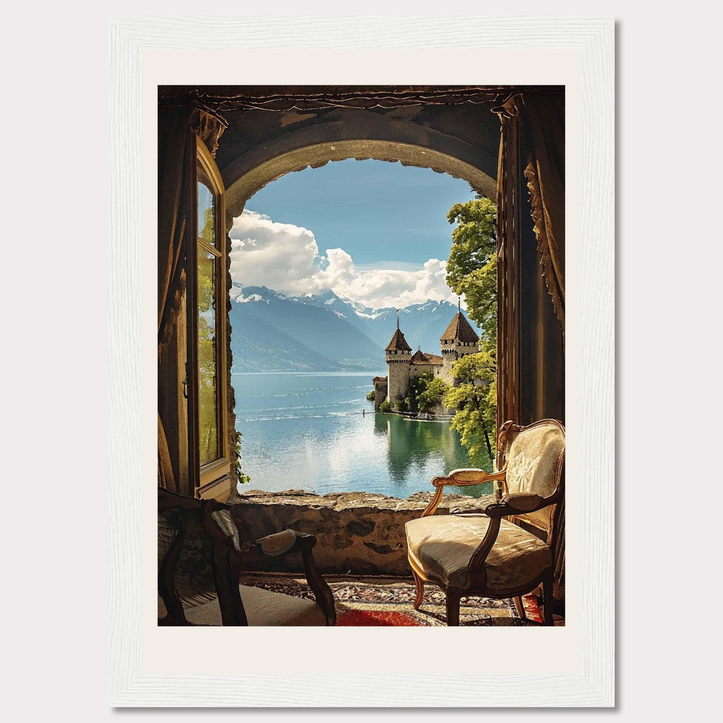 This stunning framed artwork captures a breathtaking view through an arched window, revealing a serene lake with a majestic castle and snow-capped mountains in the background. The cozy interior with antique chairs adds a touch of warmth and elegance.