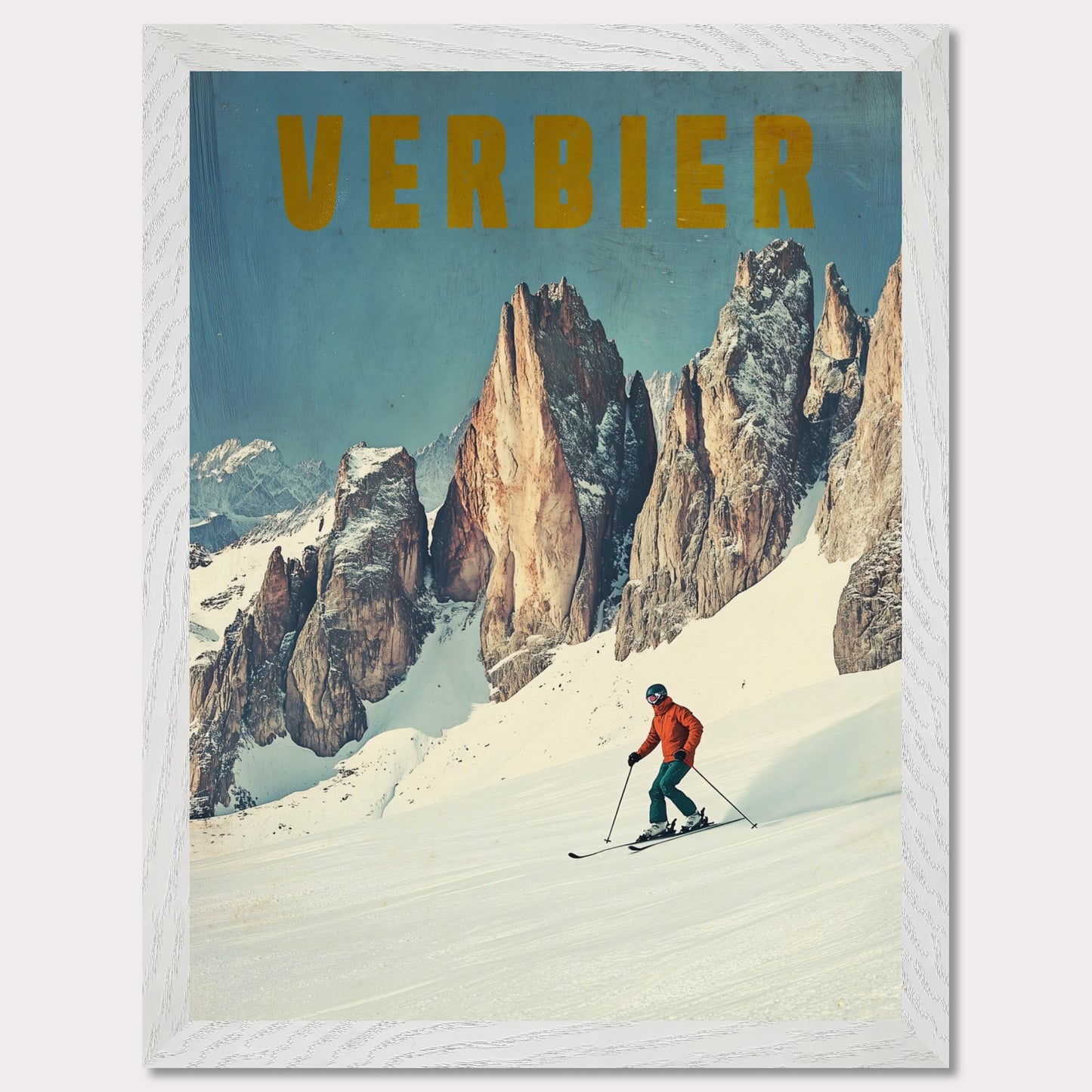 This stunning vintage poster showcases the essence of skiing in Verbier, with a lone skier carving through fresh powder beneath towering, jagged alpine peaks. The vibrant orange jacket of the skier contrasts beautifully with the crisp, snowy landscape and the rugged beauty of the mountains. The bold, retro typography reinforces the feeling of adventure and nostalgia, inviting viewers to experience the thrill of Verbier’s iconic slopes.