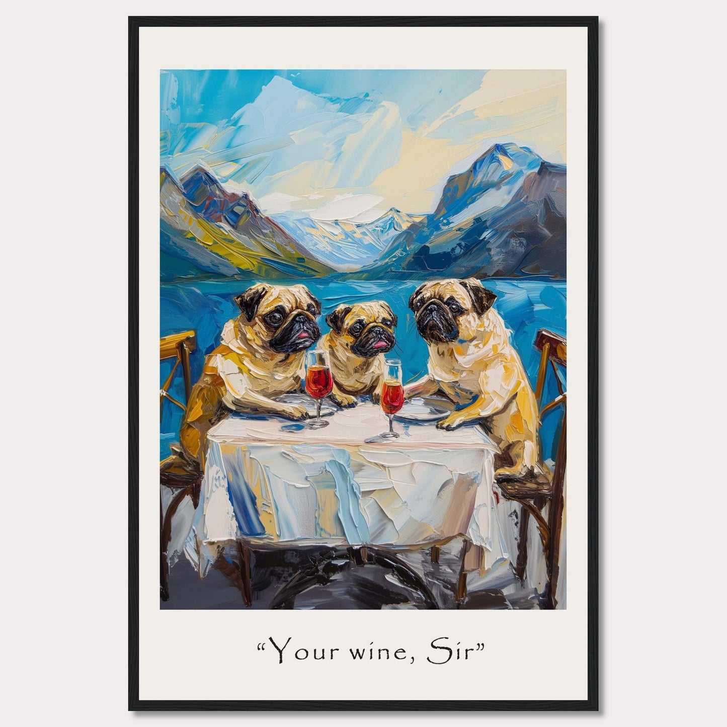 This whimsical painting depicts three pugs sitting at a table, each with a glass of red wine in front of them. The background showcases a stunning mountain landscape with a serene lake. The artwork is framed and includes the caption "Your wine, Sir" at the bottom.