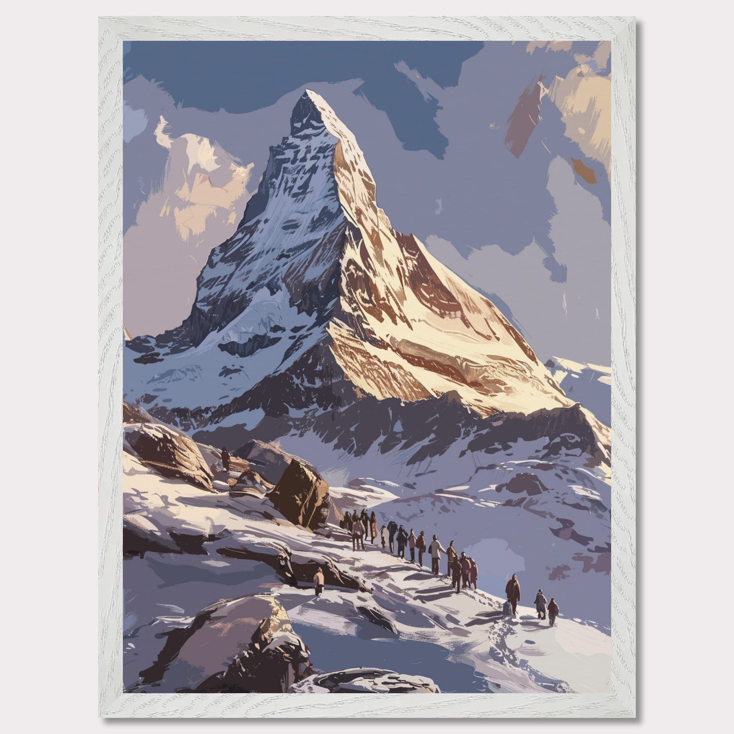 Experience the majestic beauty of this stunning mountain landscape. The image captures a group of adventurers trekking up a snow-covered path towards a towering, sunlit peak. The sky above is clear with a few clouds, adding depth and contrast to the scene. The rugged terrain and the determination of the climbers evoke a sense of awe and inspiration.