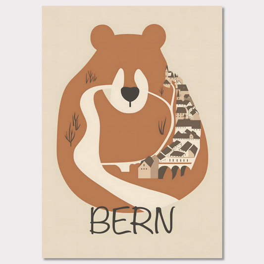 This charming poster features a stylized depiction of Bern, Switzerland, where the iconic bear—symbol of the city—seamlessly merges with the winding streets and historic architecture. The earthy tones and minimalist design evoke a sense of warmth and tradition, reflecting the city's rich history and natural surroundings.