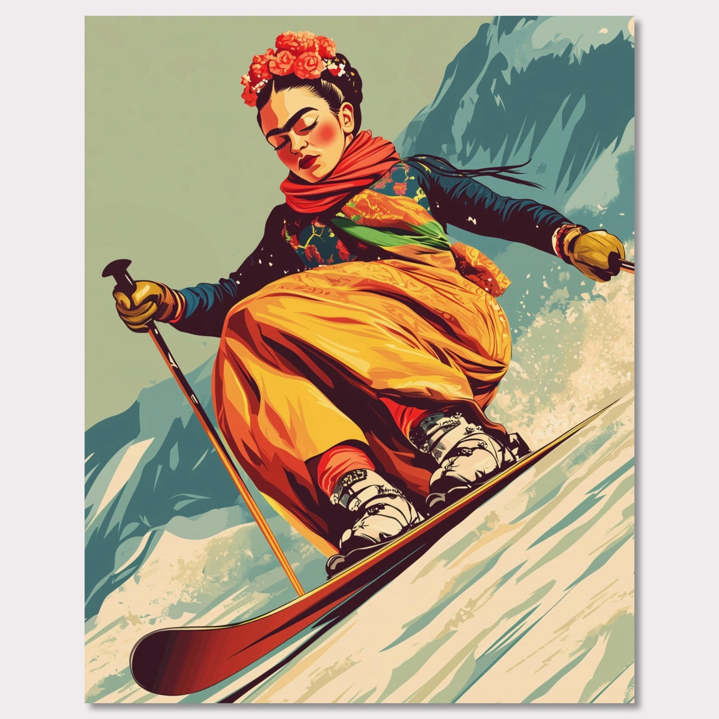 This captivating and artistic poster features Frida Kahlo skiing down a snow-covered slope, embracing both the thrill of winter sports and the vibrancy of her unique style. With a floral crown and colorful attire, Frida brings her creativity and strength to the slopes of the mountains, capturing the harmony between winter adventure and artistic expression. The retro color scheme adds to the vintage charm of the poster, making it a lively and powerful statement piece.