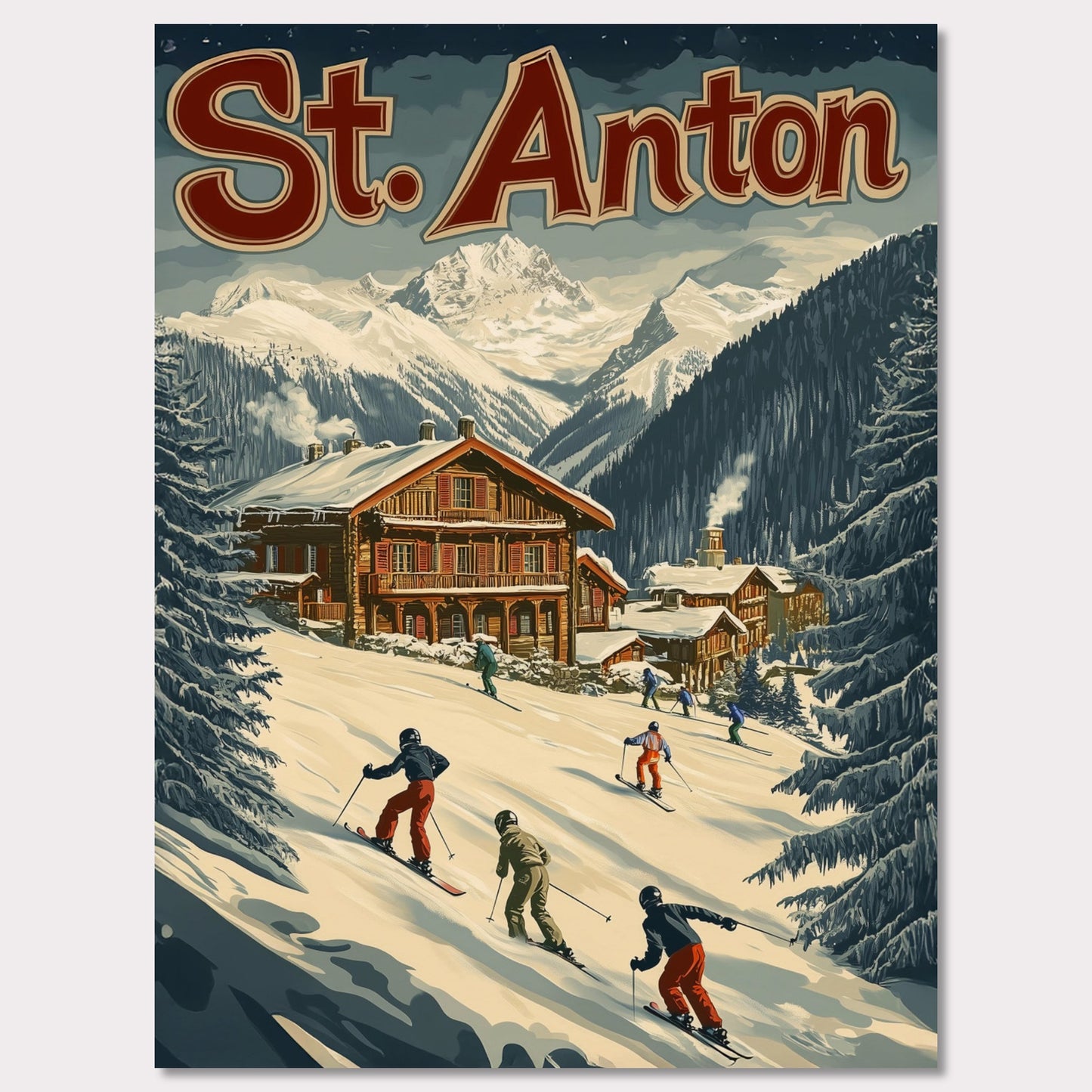 This minimalist yet striking poster captures the essence of St. Anton's alpine charm through its dynamic composition and vintage-inspired design. At the heart of the image is a group of skiers gracefully descending the snowy slopes, framed by towering evergreens and a cozy wooden chalet. The vibrant yet balanced color palette enhances the lively appeal, blending a sense of adventure and winter serenity.