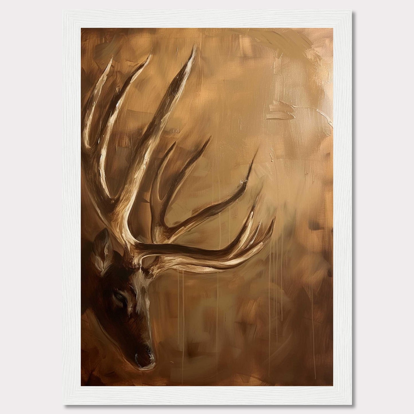 This captivating painting features a majestic deer with prominent antlers, set against a warm, earthy background. The artwork exudes a sense of tranquility and natural beauty, making it a perfect addition to any nature lover's collection.