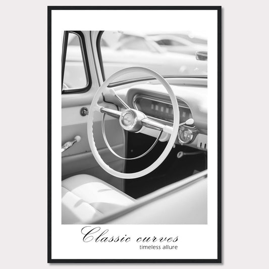 This image features a black and white photograph of a vintage car interior, focusing on the classic steering wheel. The photo exudes a sense of nostalgia and elegance.