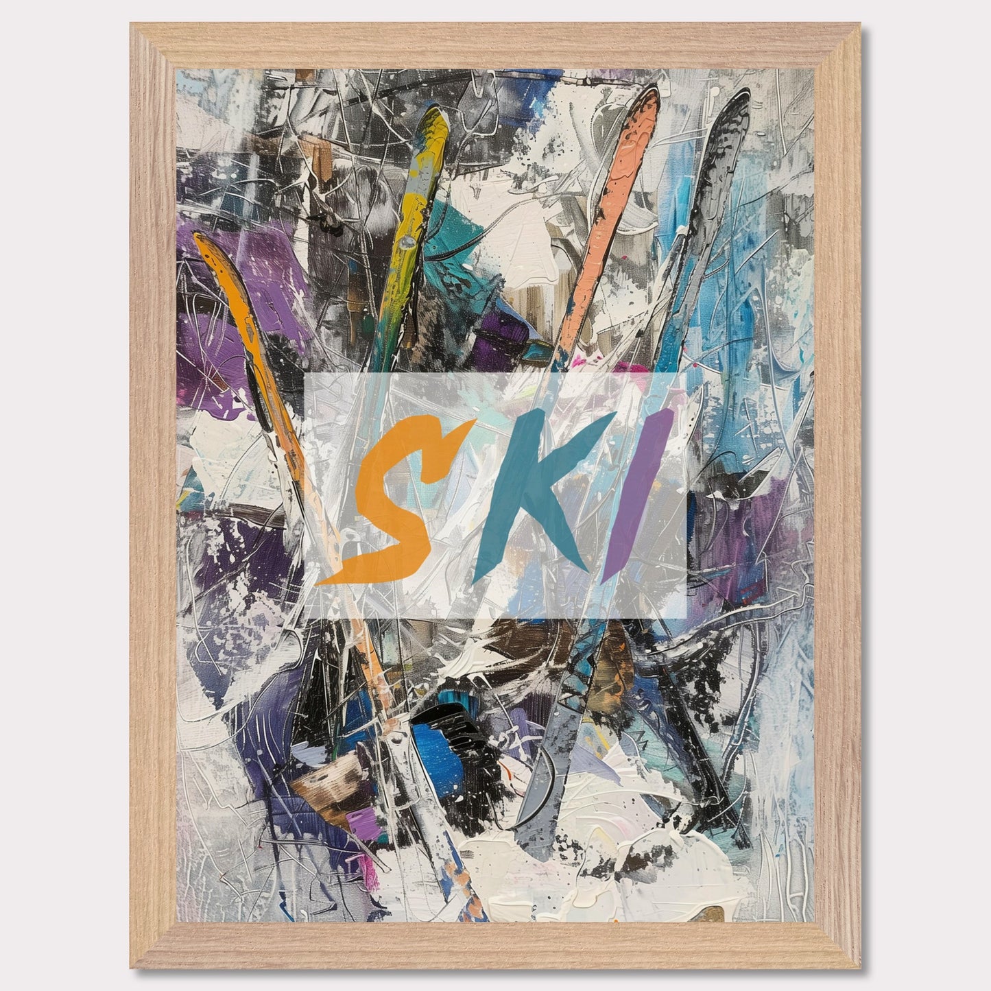 This vibrant artwork showcases an abstract composition featuring colorful ski elements. The word "SKI" is prominently displayed in bold, dynamic letters across the center. The background is a chaotic mix of brushstrokes and textures, creating a sense of movement and energy.