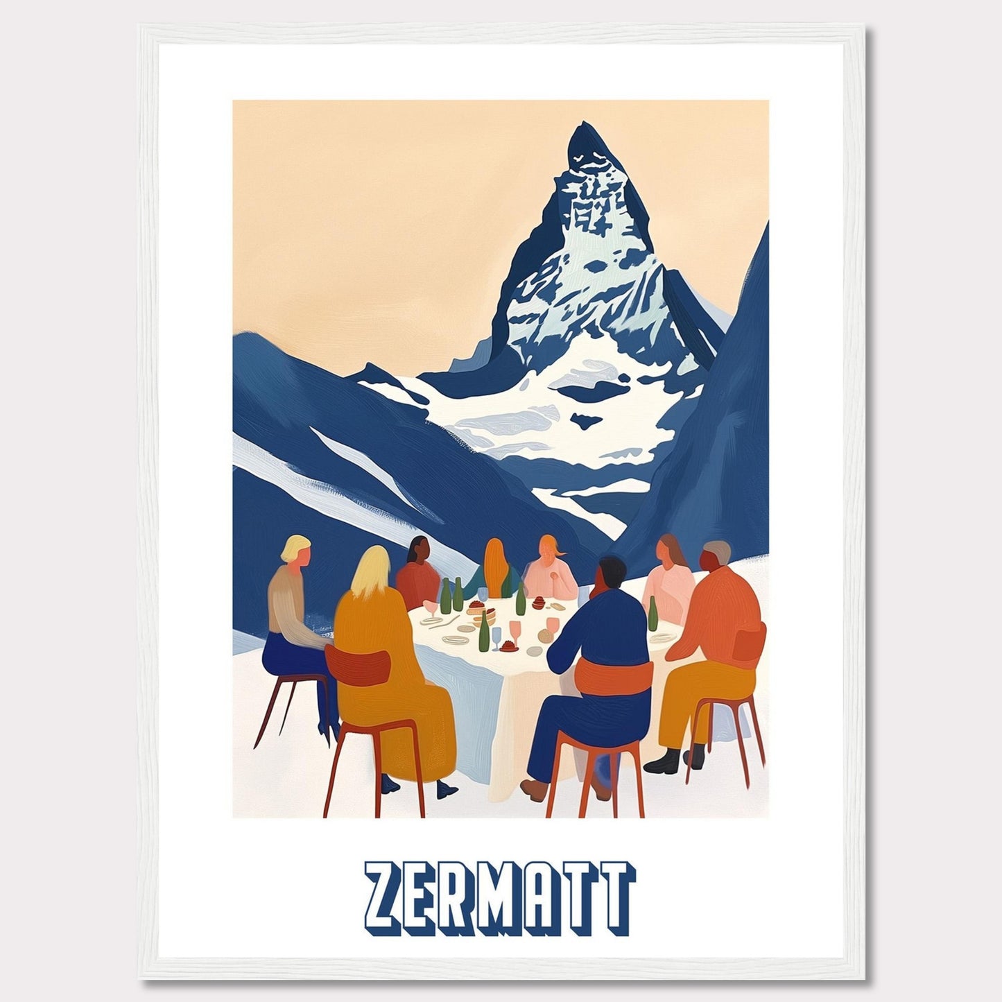 A vibrant and artistic illustration of a group of people dining outdoors with the majestic Matterhorn mountain in the background. The scene captures the essence of Zermatt, Switzerland.