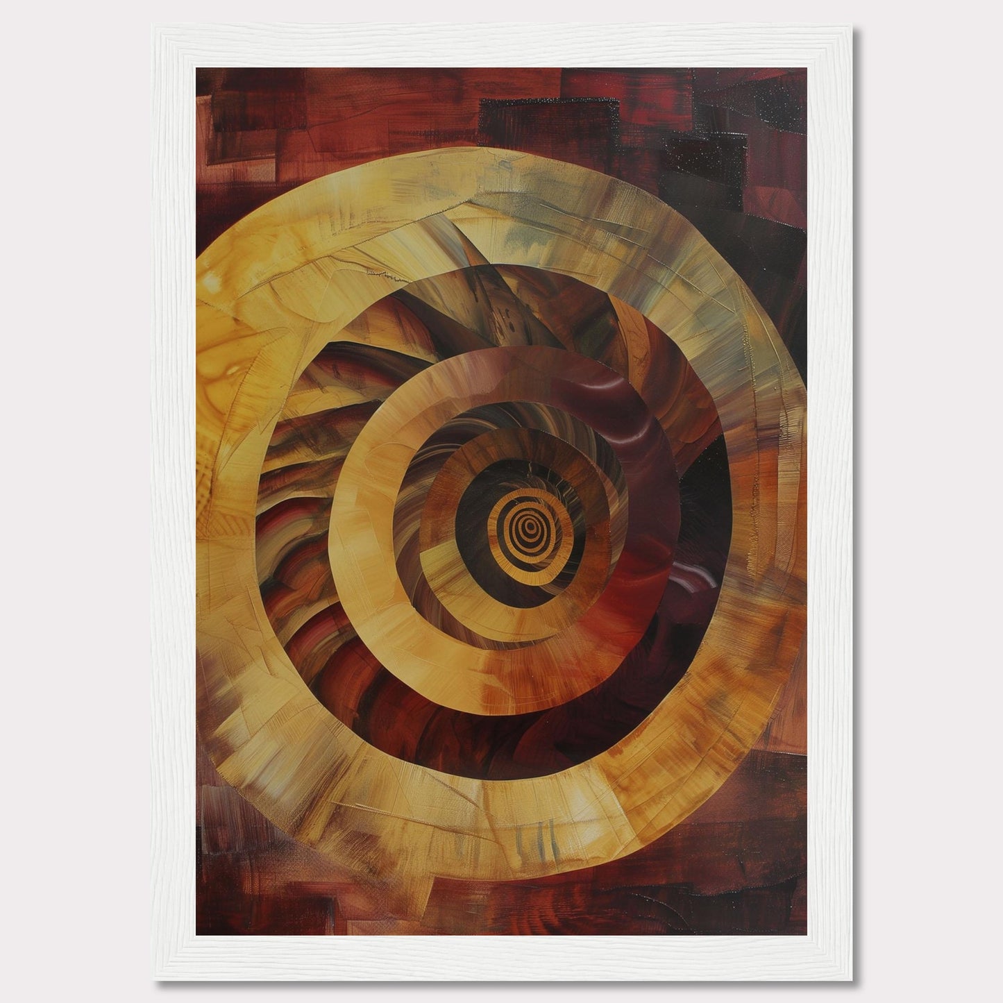 This captivating abstract painting features a mesmerizing spiral design, drawing the viewer into its depths. The artwork is dominated by warm tones of red, orange, and yellow, creating a sense of movement and energy.