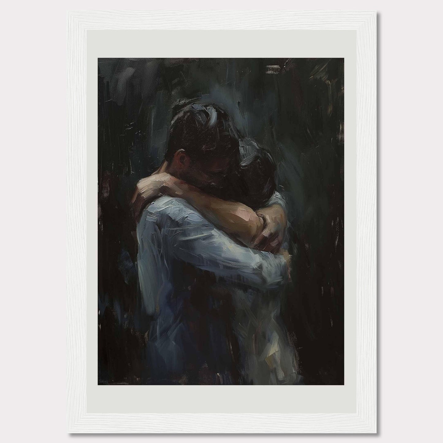 This evocative painting captures a tender embrace between two figures, conveying deep emotion and connection. The dark, muted tones enhance the intimacy of the moment, drawing the viewer into the scene.