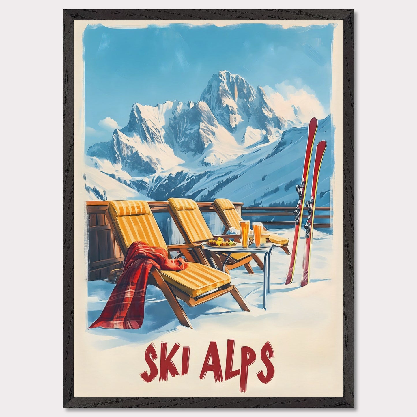 This vibrant poster captures the joy of a sunlit winter day in the Alps. Relaxation takes center stage with inviting lounge chairs draped in cozy blankets, complemented by refreshing beverages and a mountain backdrop that stretches into the clear blue sky.