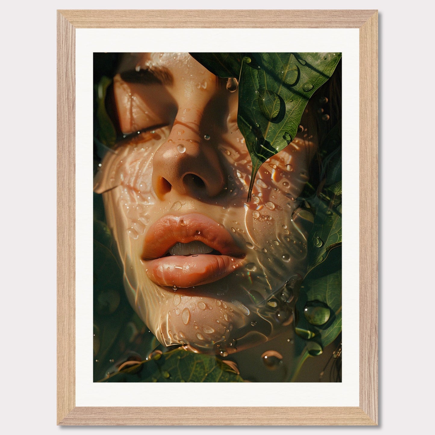 This is an artistic illustration depicting a close-up of a woman's face partially covered by leaves and water droplets.

This poster would fit well in a modern living room, bedroom, or office space, adding a touch of nature and surreal beauty to the decor.