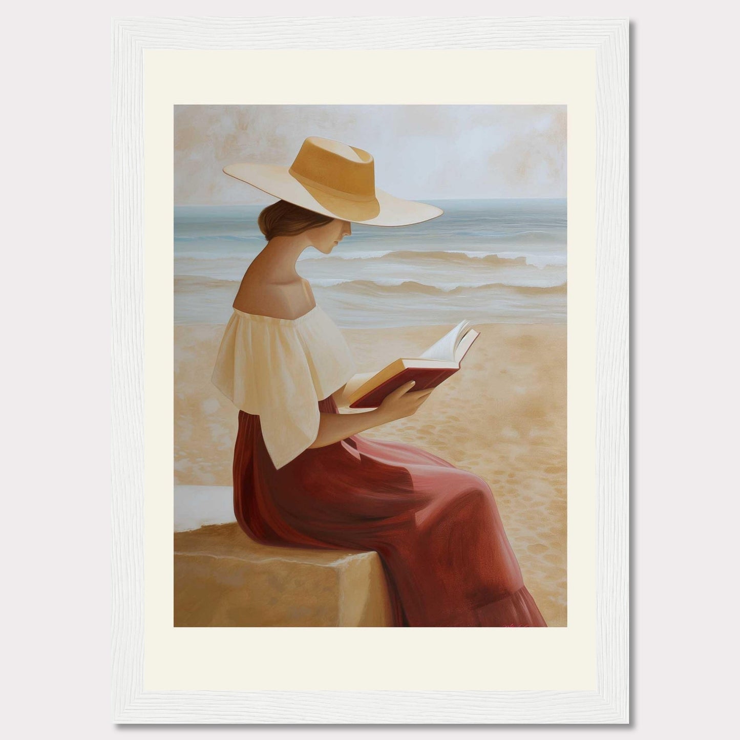 This serene painting depicts a woman sitting by the beach, engrossed in a book. She wears a wide-brimmed hat and a flowing dress, with the ocean waves gently rolling in the background.