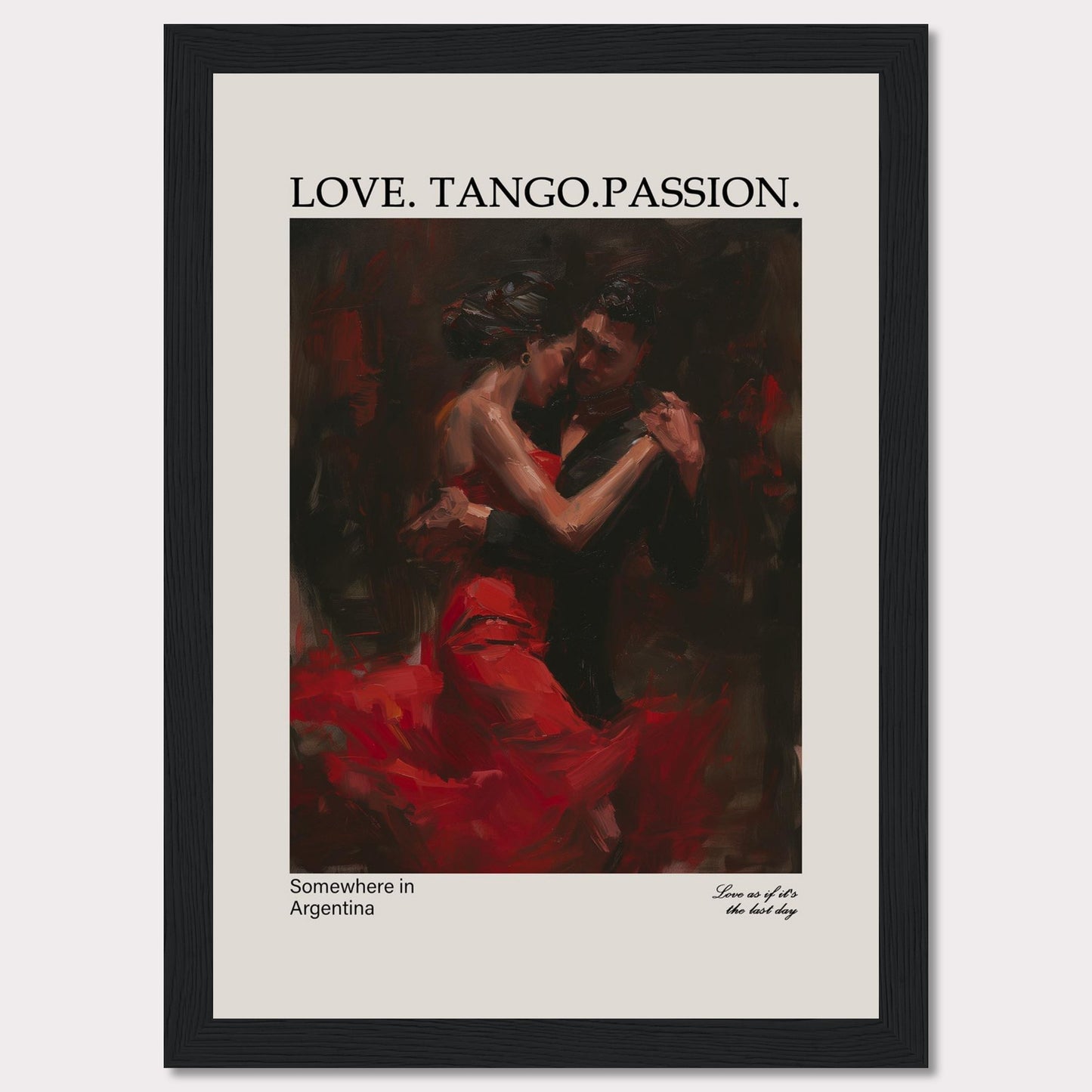 This captivating poster showcases a passionate tango dance between a couple, enveloped in deep red and black hues.