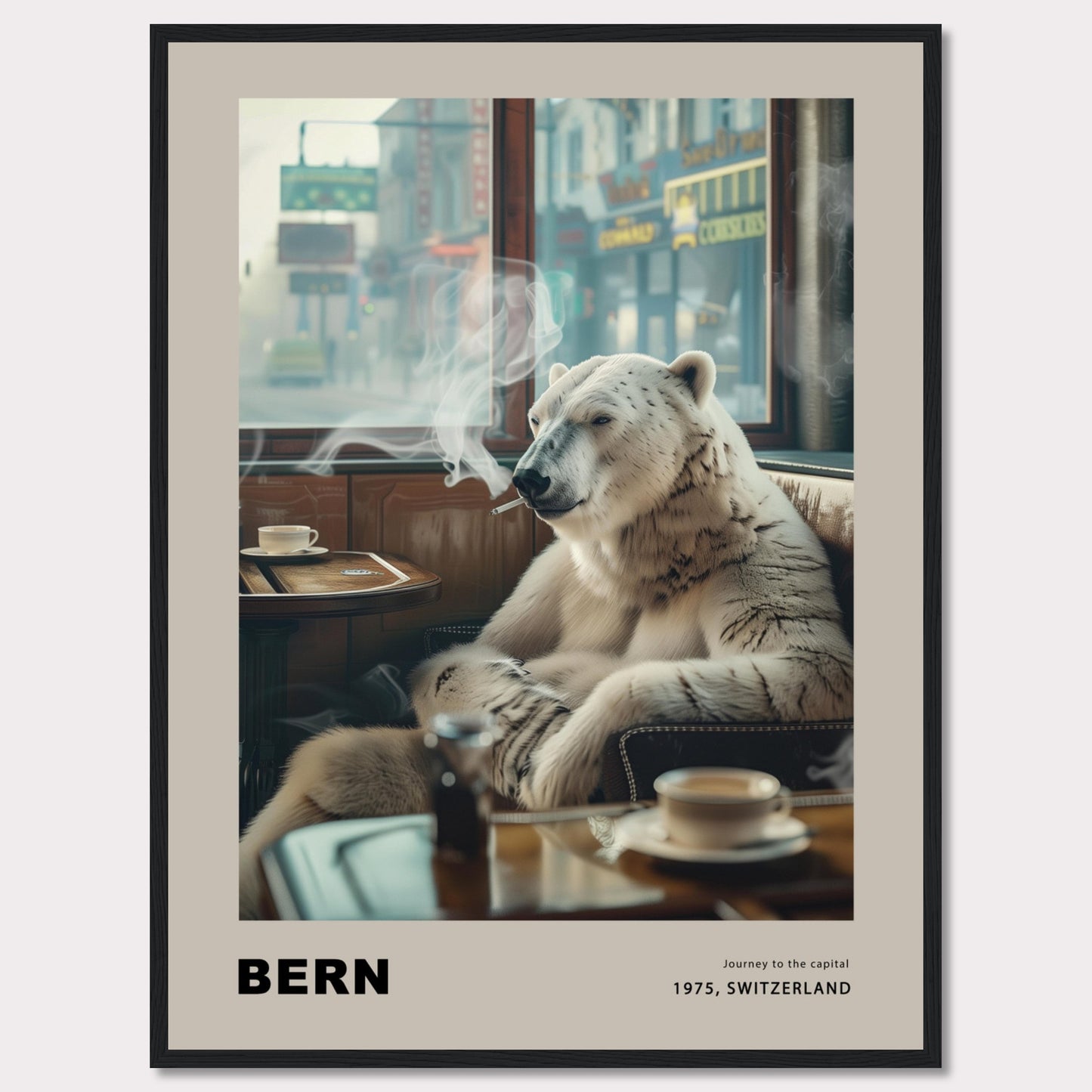 This intriguing poster features a polar bear sitting comfortably in a café, smoking a cigarette. The scene is set against a backdrop of a bustling city street, with shops and signs visible through the window. A cup of coffee sits on the table in front of the bear, adding to the relaxed atmosphere. The text at the bottom reads "BERN" with the caption "Journey to the capital, 1975, Switzerland."