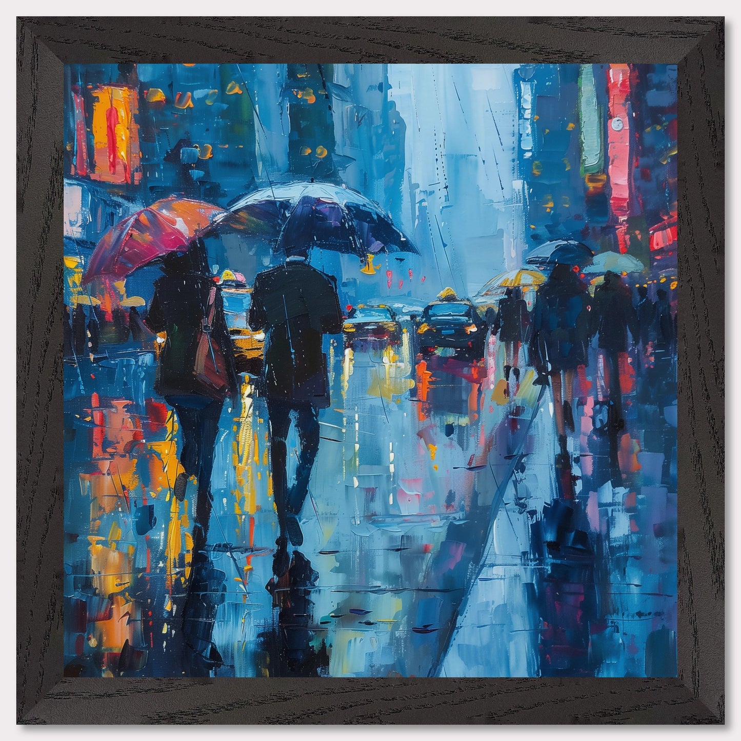 This captivating painting portrays a rainy city street bustling with people holding umbrellas. The vibrant colors and reflections on the wet pavement create a mesmerizing atmosphere.