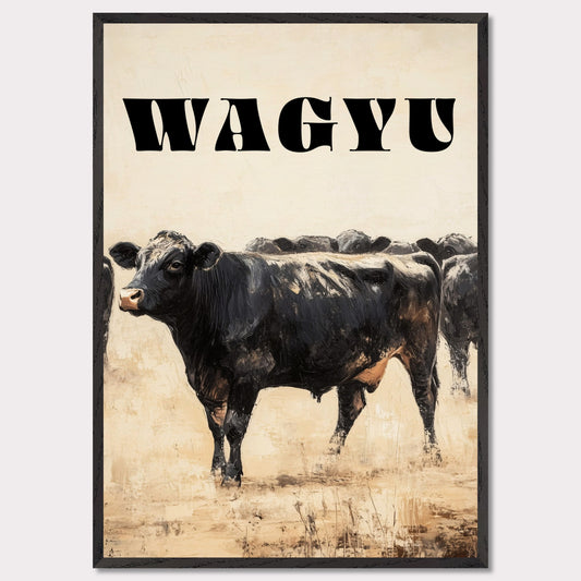 This image features a striking illustration of a Wagyu cow standing prominently in the foreground. The word "WAGYU" is boldly displayed at the top in large, black letters. The background shows more cows, adding depth to the scene.