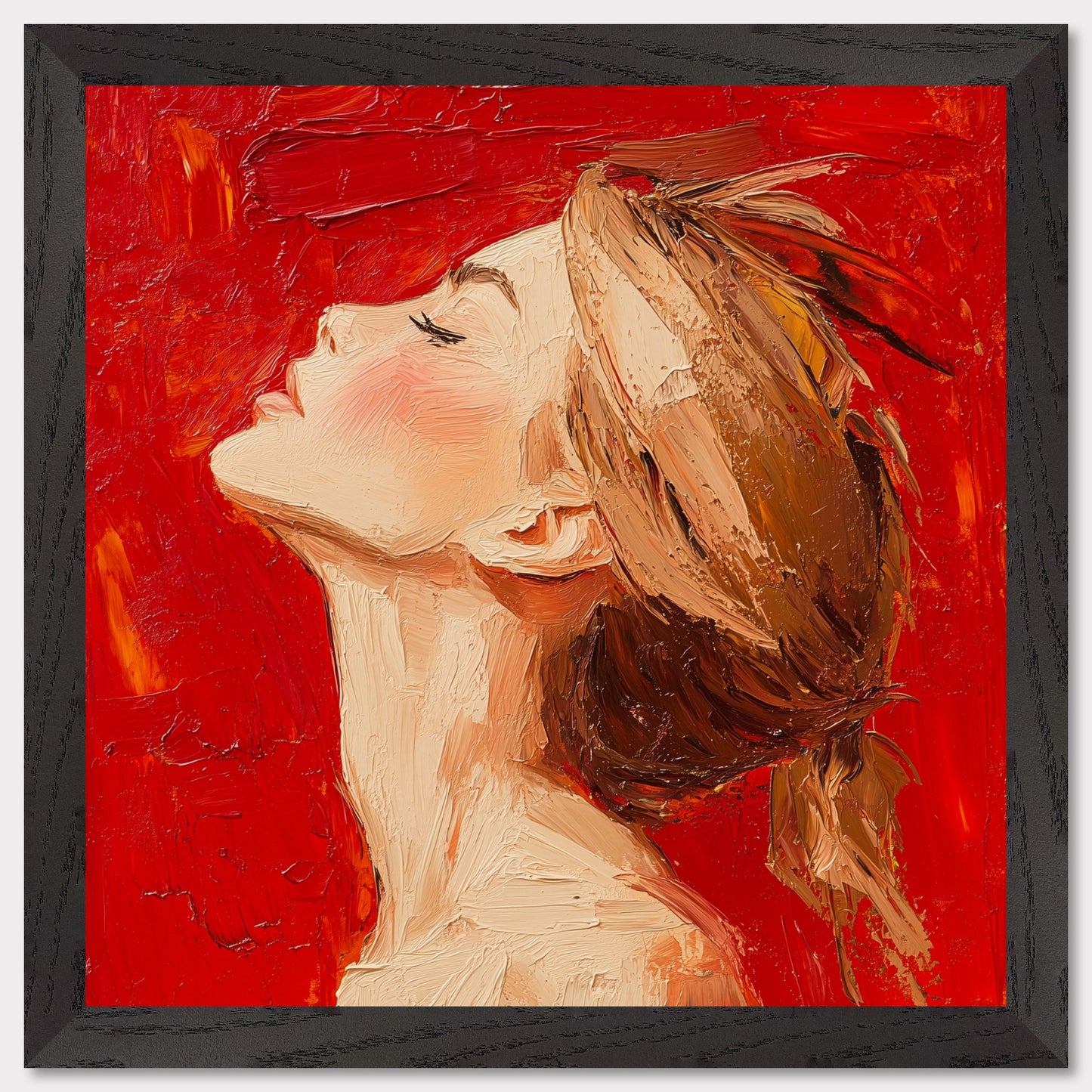 This is an illustration of a woman with her head tilted back and eyes closed, set against a vibrant red background. The artwork is characterized by thick, textured brushstrokes that give it a dynamic and expressive quality.