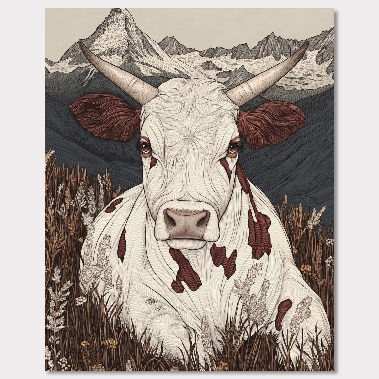 This beautifully detailed poster portrays a tranquil scene of alpine life with a focus on the harmonious connection between nature and animals. A striking cow with intricate features gazes directly at the viewer, creating a sense of intimacy, while the majestic Matterhorn looms in the background. The combination of soft earth tones and delicate linework evokes a rustic yet modern aesthetic.