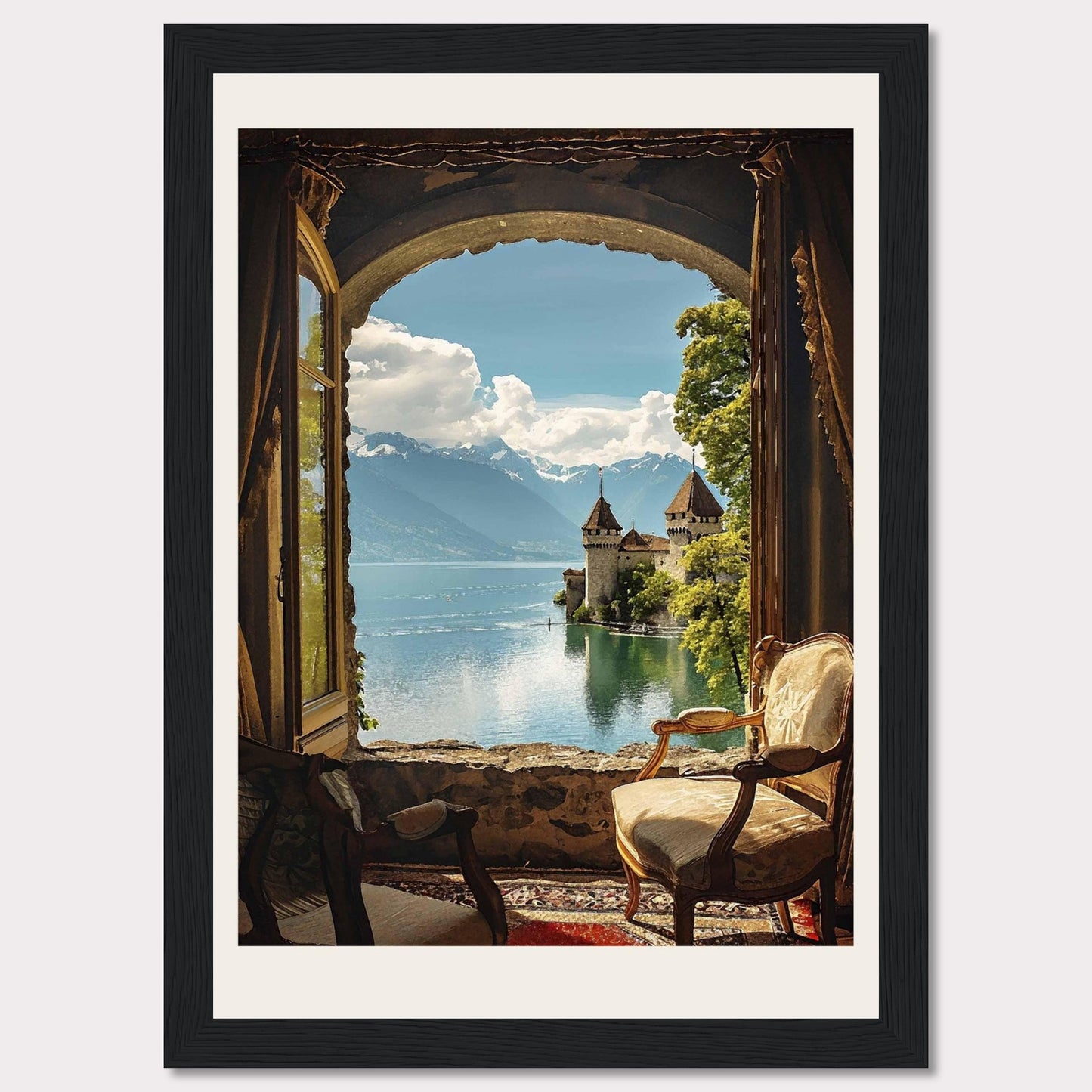 This stunning framed artwork captures a breathtaking view through an arched window, revealing a serene lake with a majestic castle and snow-capped mountains in the background. The cozy interior with antique chairs adds a touch of warmth and elegance.