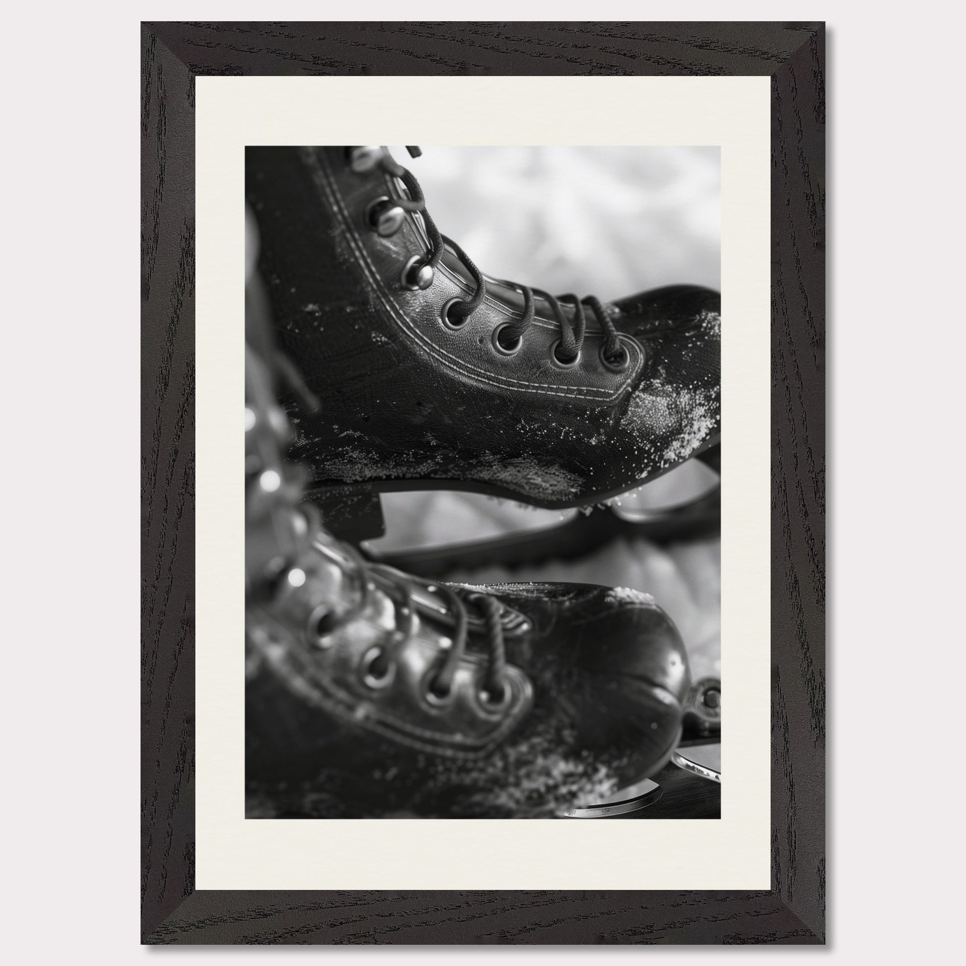 This illustration shows a close-up of a pair of ice skates with laces and blades, featuring a frosty texture. The black-and-white image captures the details of the skates, emphasizing their rugged and worn appearance. 