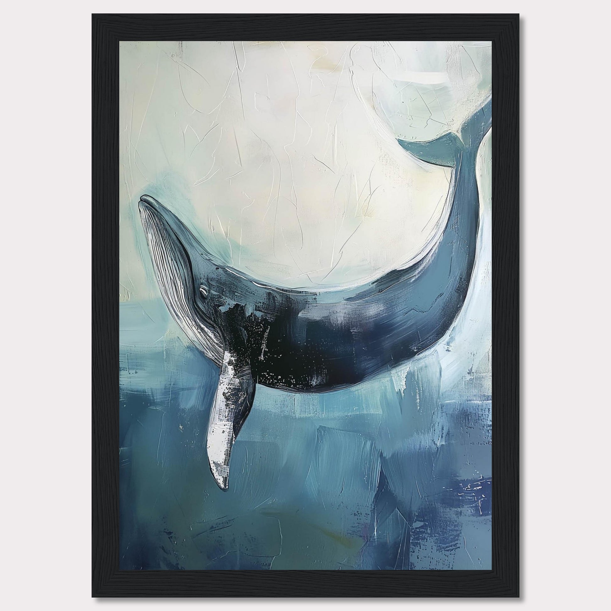 This image showcases a stunning painting of a whale gracefully swimming in the ocean. The artwork captures the serene beauty and majesty of the whale, set against a backdrop of soothing blue and white hues. The texture and brushstrokes add depth and movement to the piece, making it an eye-catching addition to any space.