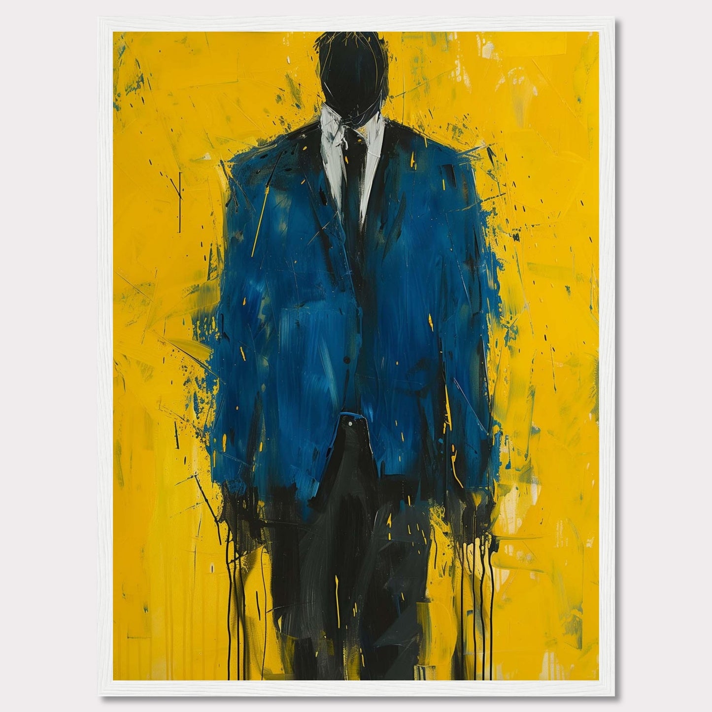 This striking painting features a faceless figure in a blue suit against a vibrant yellow background. The abstract style and bold colors create a powerful visual impact.