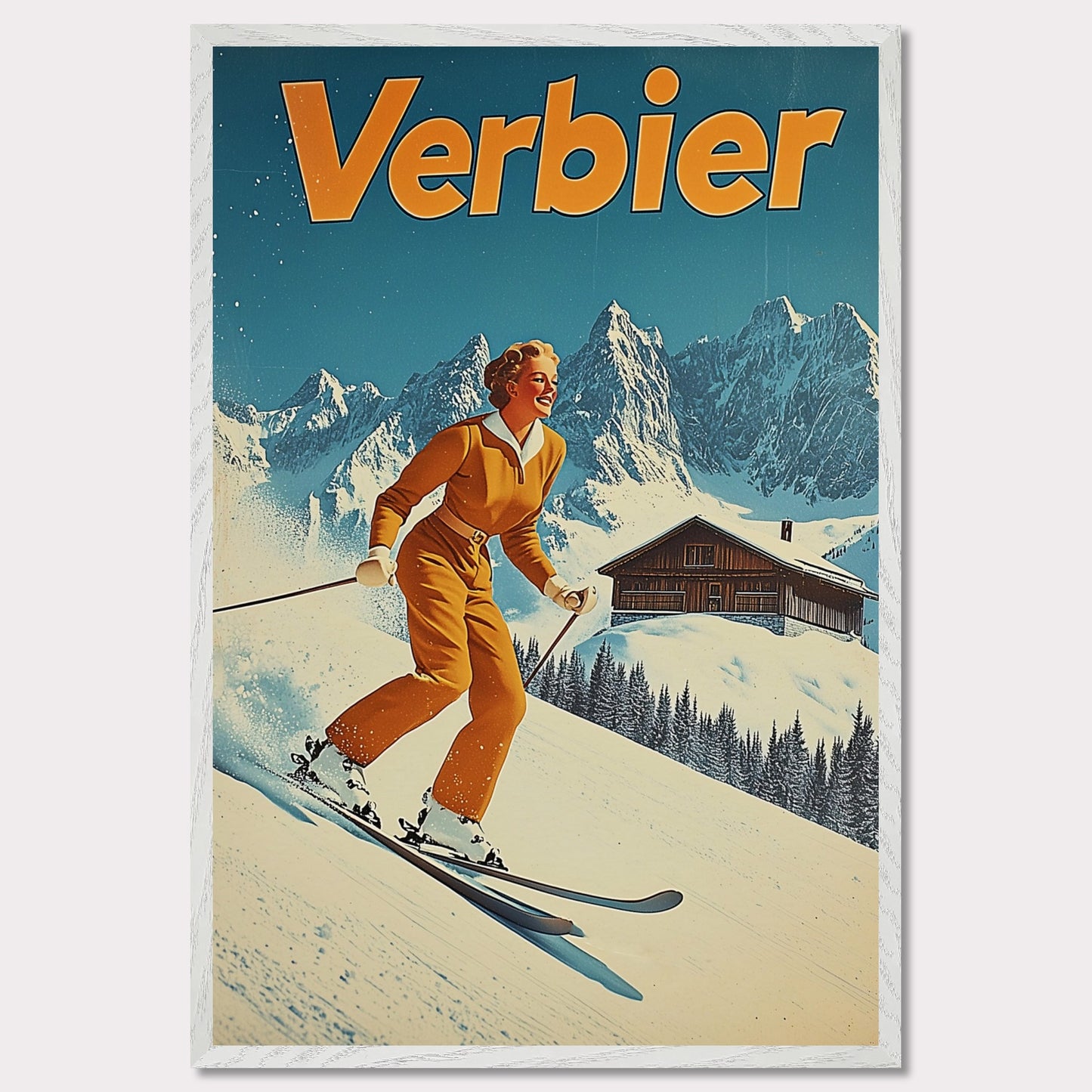 This vibrant retro poster features a cheerful skier dressed in a classic orange ski outfit, gliding down the pristine slopes of Verbier. Behind her, a picturesque alpine chalet sits amidst snow-covered peaks, with a bright blue sky completing the idyllic scene. The bold typography and clean lines enhance the nostalgic charm, inviting viewers to experience the joys of skiing in Verbier.