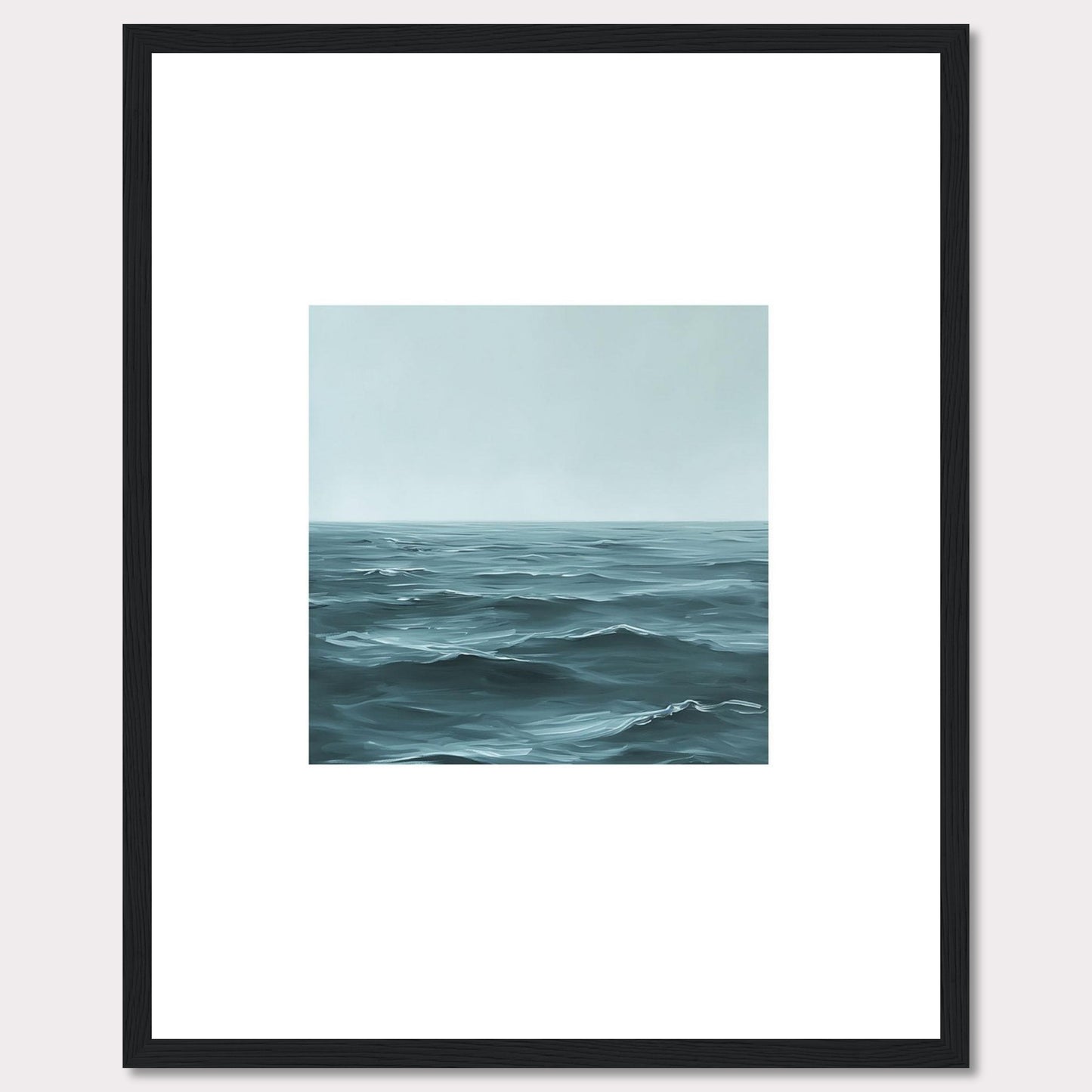 This serene artwork captures the vastness of the ocean, inviting a sense of calm and tranquility into any space. The painting features gentle waves under a soft, misty sky, framed elegantly in black.